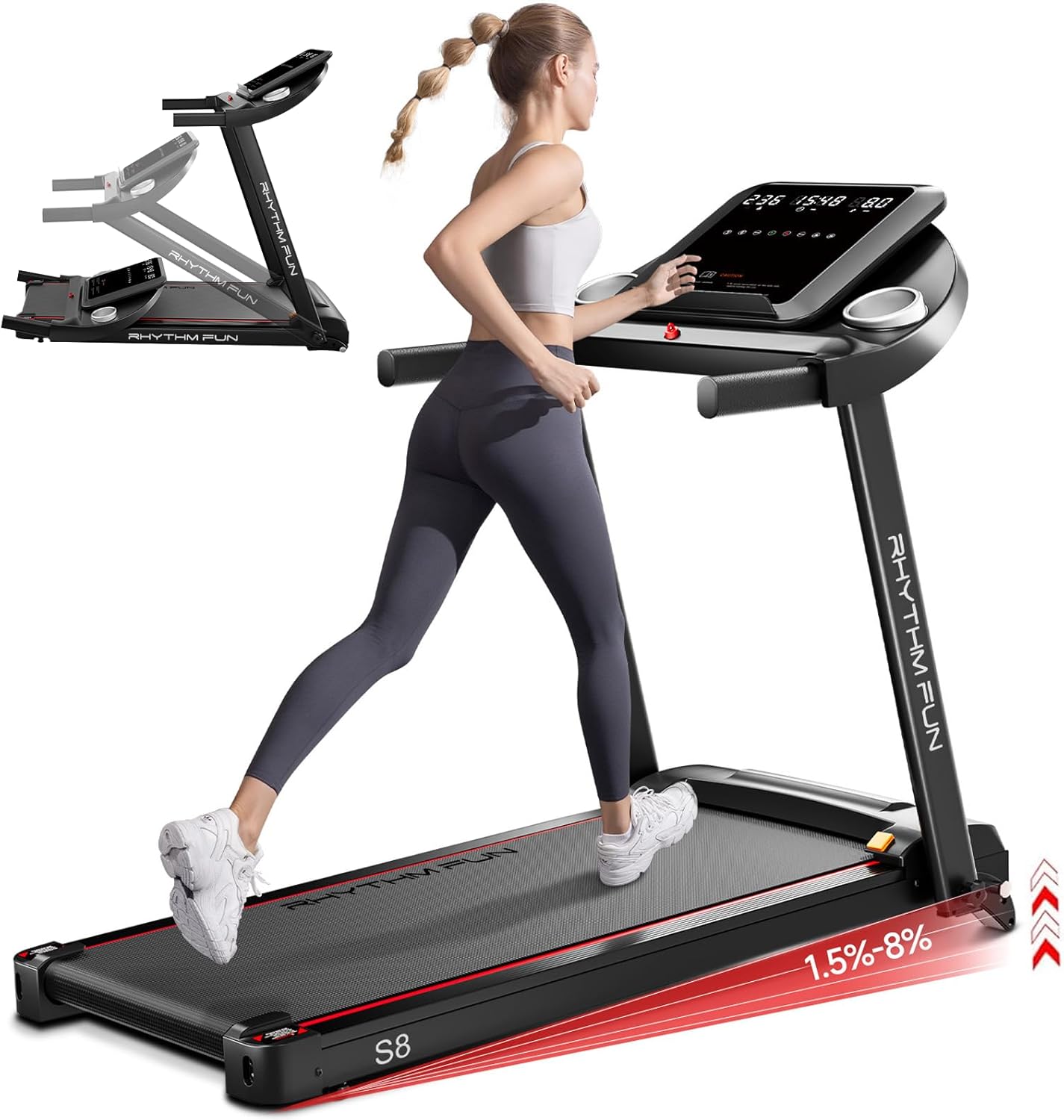 RHYTHM FUN Treadmill with Incline, 8.0 MPH Treadmills for Home with 8% Incline, Foldable Treadmill with Handles, Low Noise Walking Pad for 300 lbs
