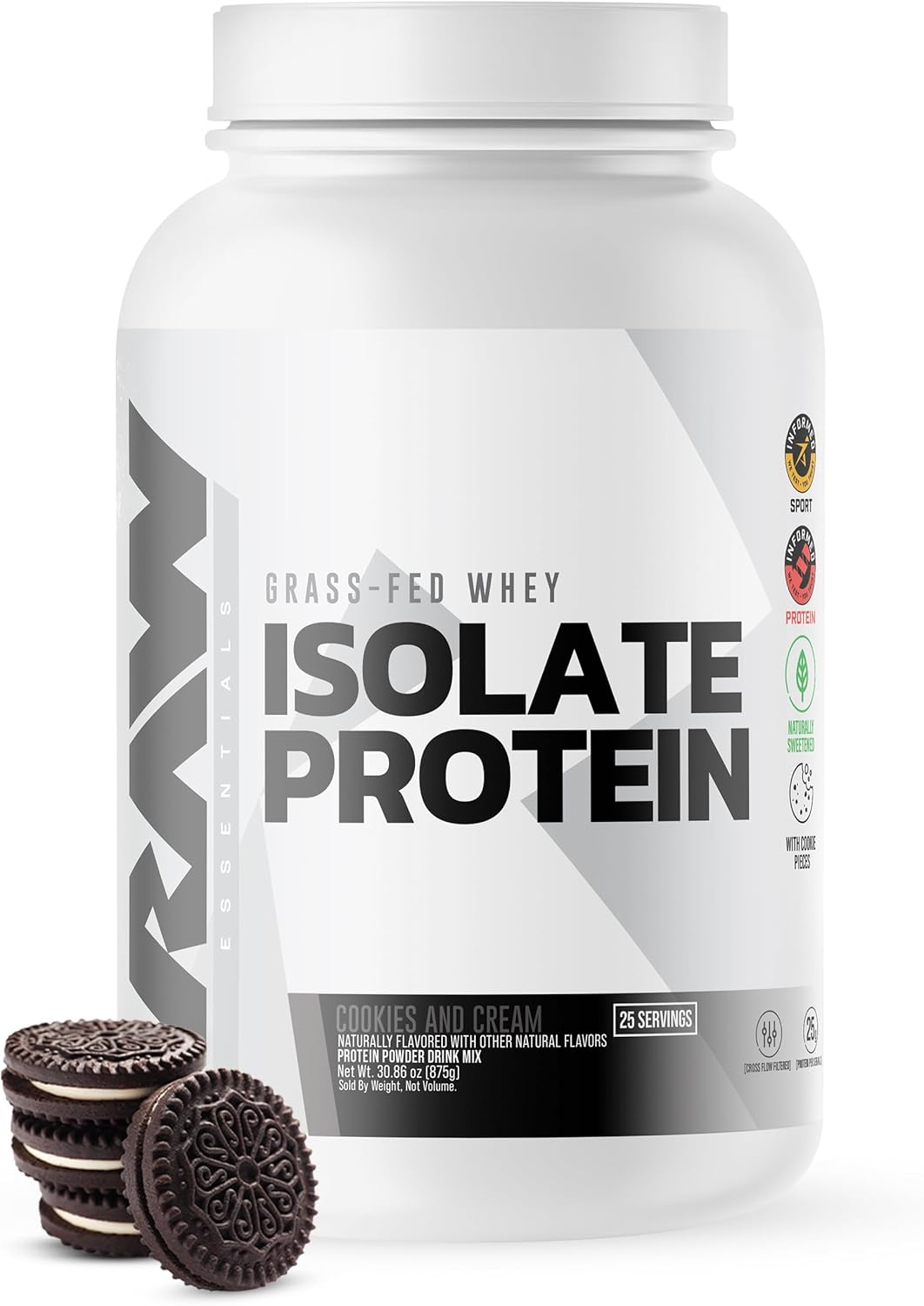RAW Whey Isolate Protein Powder, Cookies N Cream - 100% Grass-Fed Sports Nutrition Protein Powder for Muscle Growth & Recovery - Low-Fat, Low Carb, Naturally Flavored & Sweetened - 25 Servings