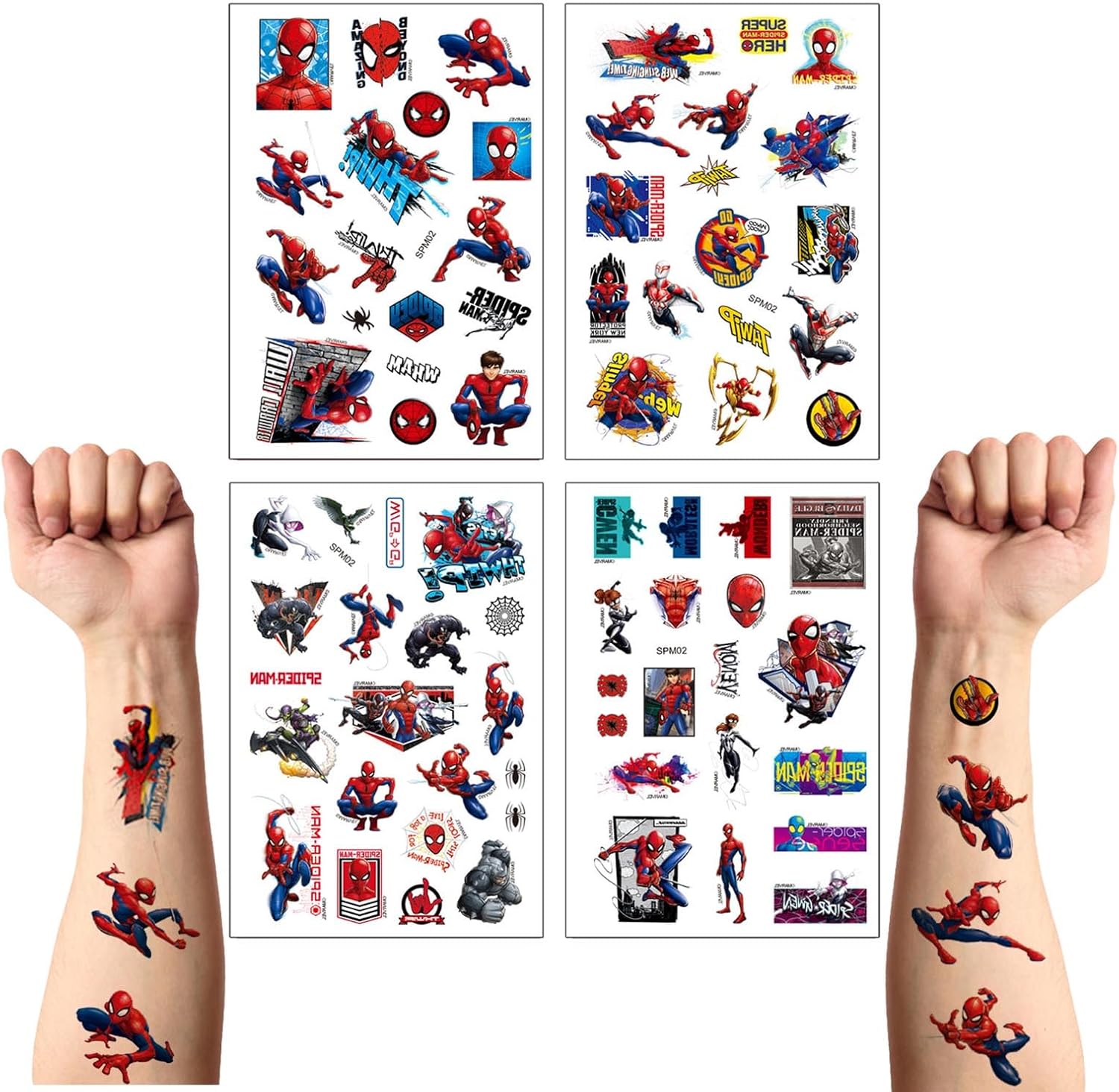 4 Sheet Temporary Tattoos for Kids,Children's Waterproof Fake Tattoos Stickers Spider SuperHero Theme Birthday Party Bag Filler Gift for Boys