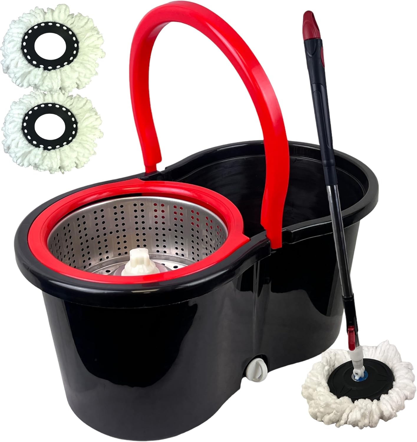 Spin Mop Bucket Set with Spin 360 Wringer and 2 Microfibre Mop Pad Head Telescopic Easy Press Handle with Spin Dry Cleaning Caddy Set-Microfibre Home Cleaning Clean Floor (Black)