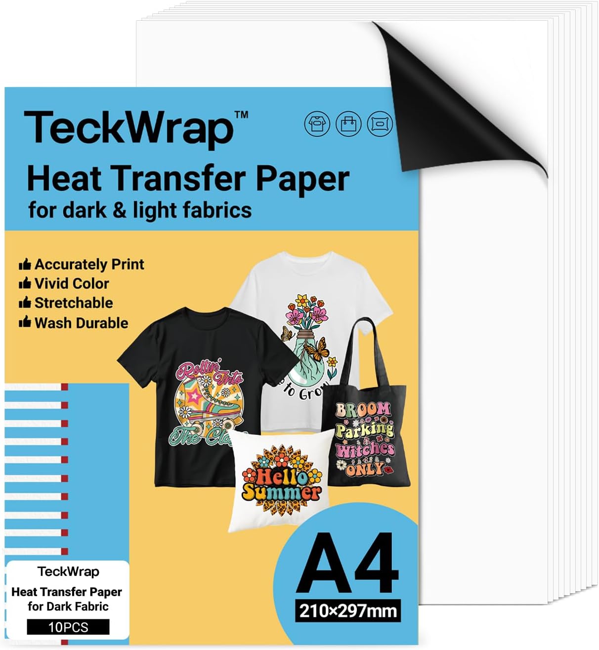 TECKWRAP Premium Inkjet T Shirt Heat Transfer Paper A4 x 10 Sheets for Dark or Light Fabric Iron On Transfer Paper 210mm x 297mm