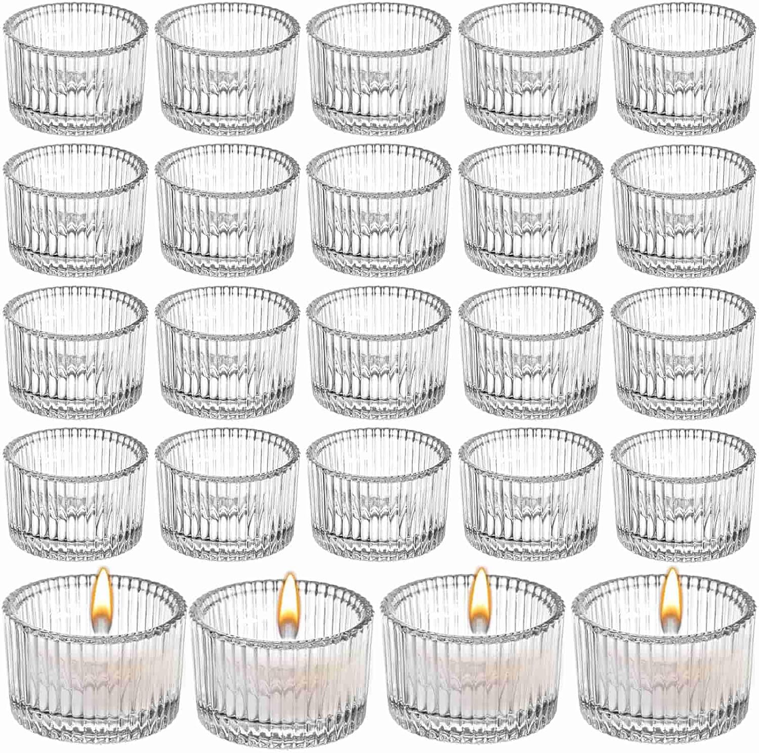 Clear Ribbed Glass Tea Light Candle Holders 24Pcs Elegant Votive Tealight Holders 5.5cm x 3.5cm Vintage Candle Holder Tea Light Holder for Weddings, Parties, Home Decor, Christmas & Restaurants (24)