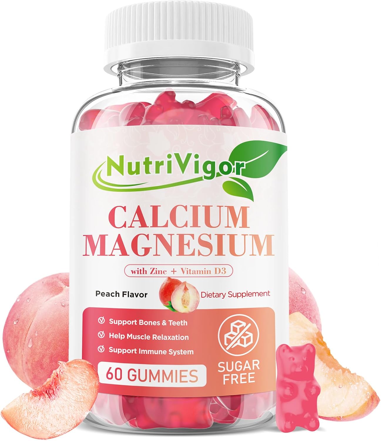 Calcium Gummies 600mg with Vitamin D3, Calcium Magnesium Zinc Gummies for Bone & Immune Support, Calcium Supplement for Women & Men, Sugar Free, Vegan, Peach Flavor, 60 Count