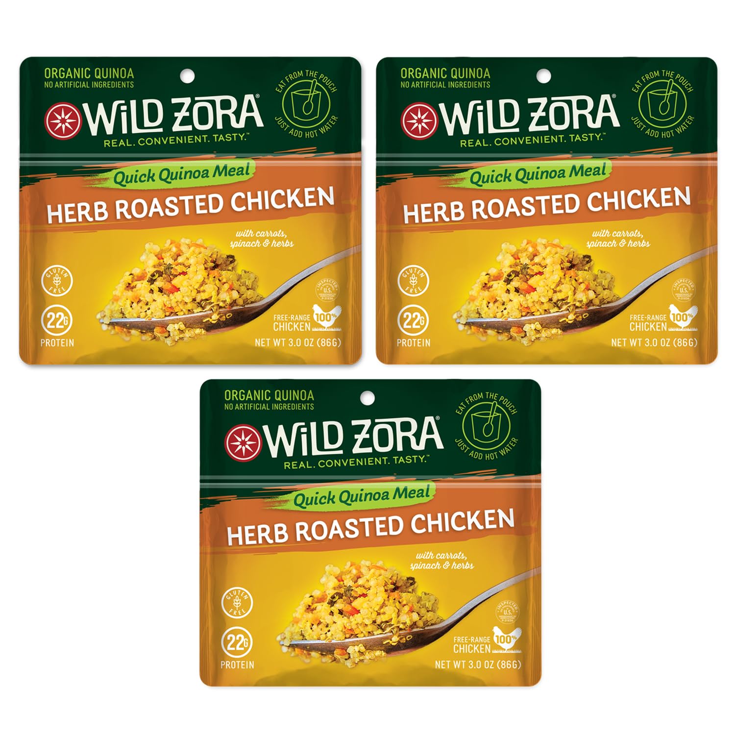 Wild Zora Instant Organic Quinoa Meals - Quick & Tasty Prepared Quinoa Bowls, Pantry Staples Gluten-Free Meal with Lentils Plus 10g Olive Oil Packet - Herb Roasted Chicken (3-Pack)
