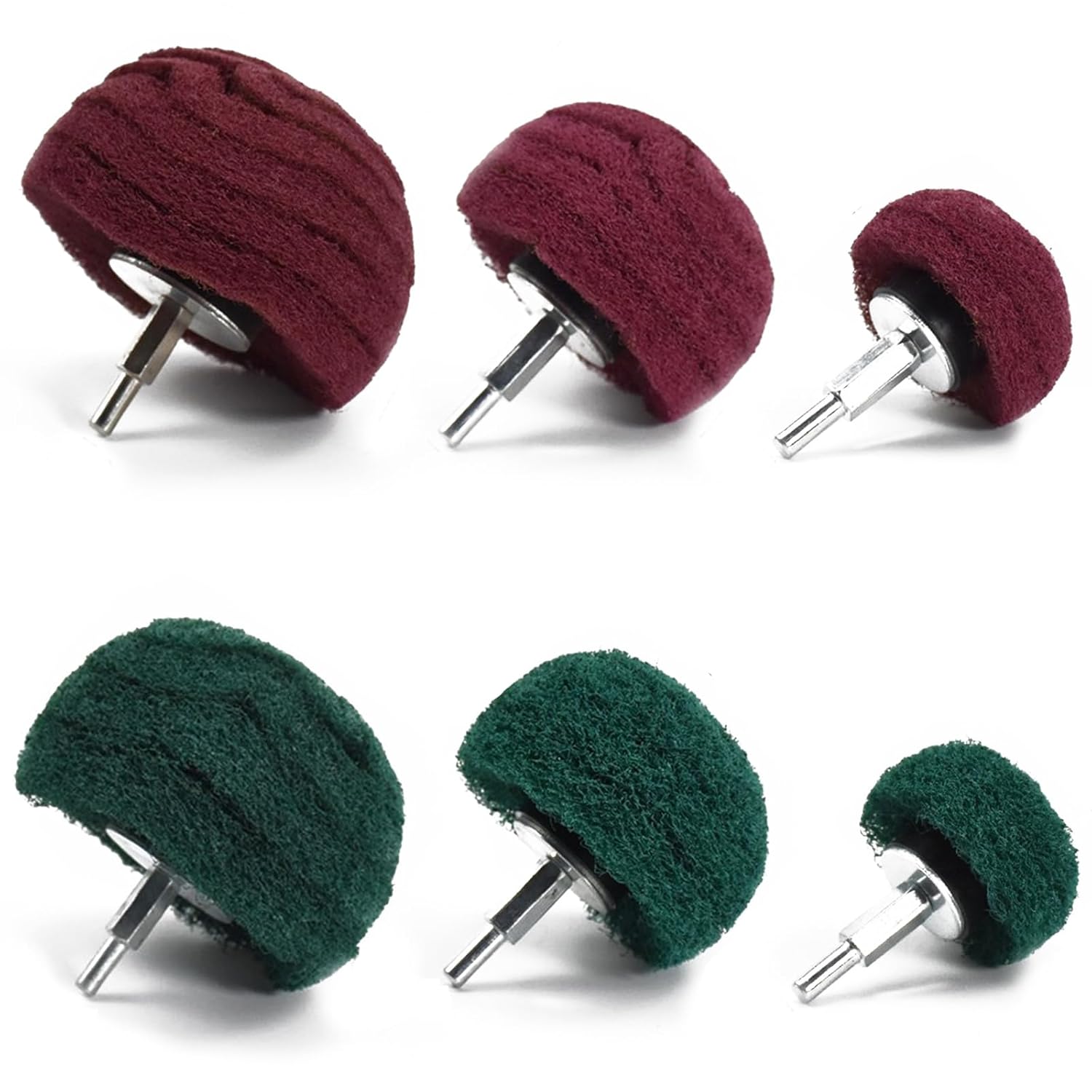 Scouring Pads Non Woven Abrasive Drill Cleaning Kit, 6 Pcs Abrasive Buffing Polishing Wheel Drill Attachment Set, 3 Green and 3 Red