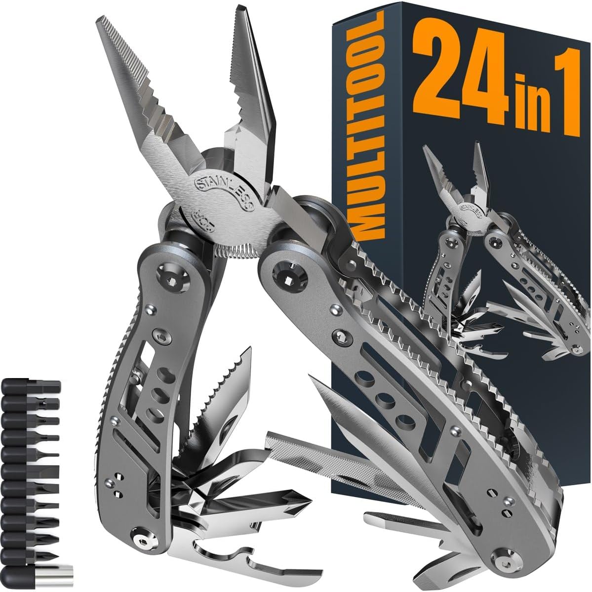 24-in-1 Multitool with Knife, Pliers & 11 Bits Sharp Stainless Steel - Multi Tool for Men - Ideal Gear with Tools for Camping Hiking, Survival, EDC - Best Gifts for Dad Husband Boyfriend 2238