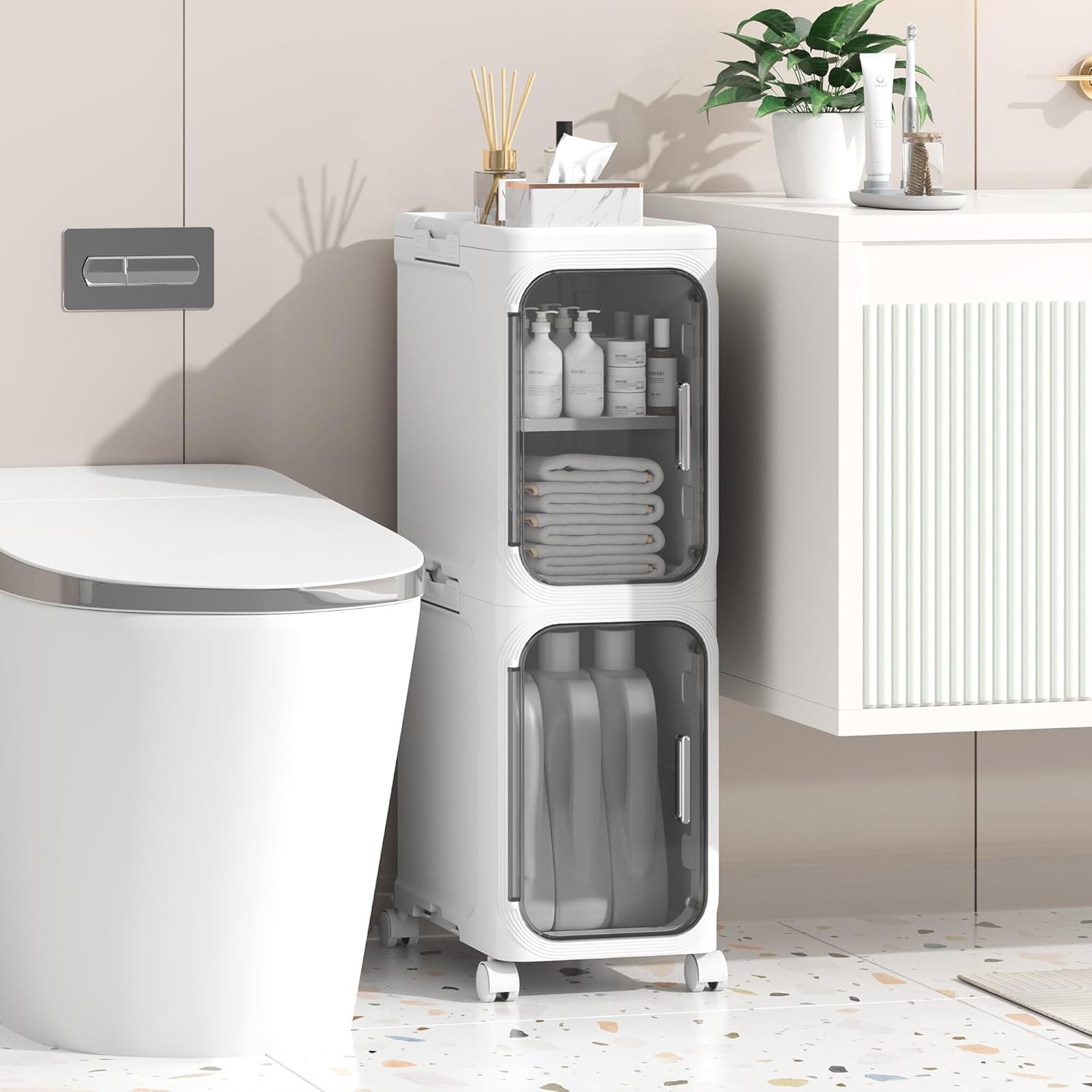 Bathroom Cabinet, Slim Freestanding Plastic Storage Furniture with Door, Waterproof Small Trolley with Wheels for Living Room, Kitchen (21W x 67H x 34D, 2 Levels)