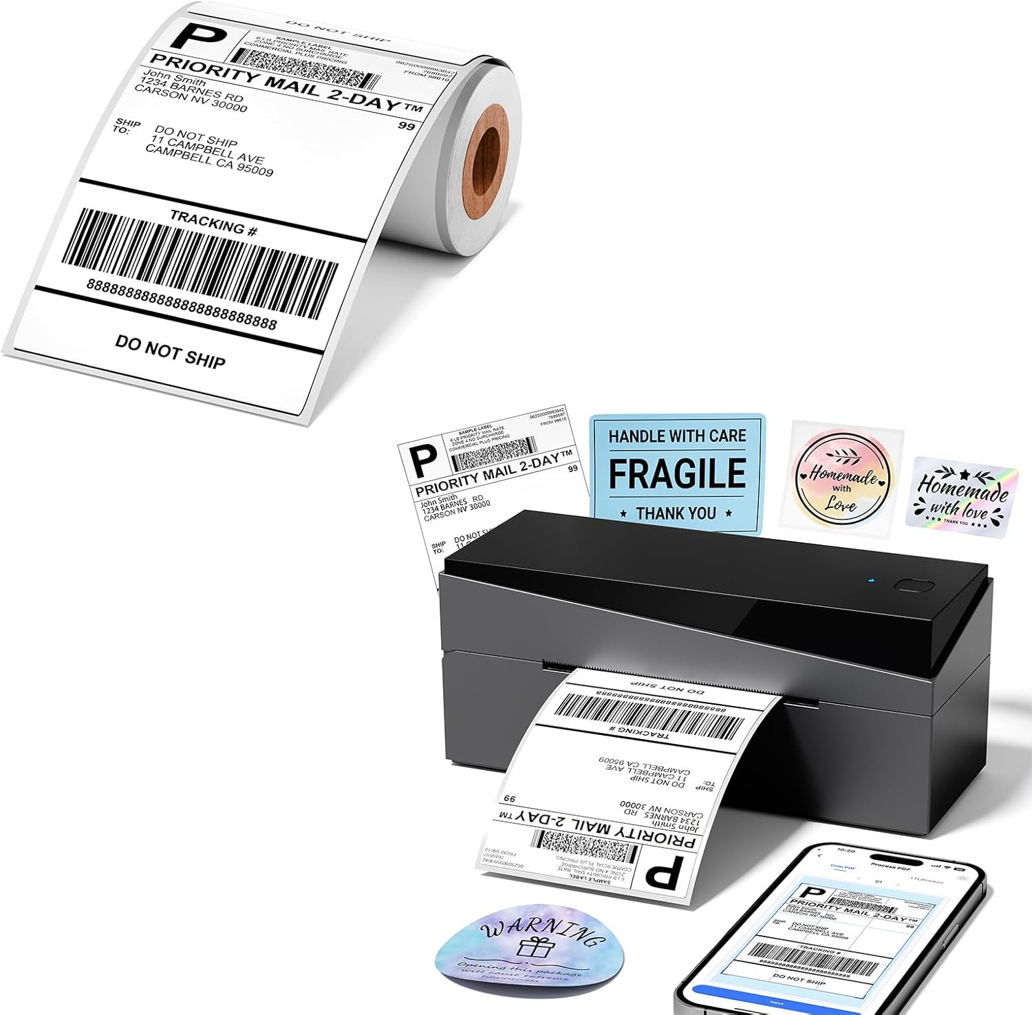 249BT Bluetooth Shipping Label Printer with 1 Roll 4x6 Thermal Labels 100pcs