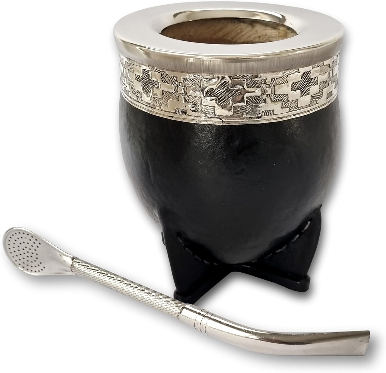 Black - Yerba Mate Gourd (Mate Cup) - Uruguayan Mate - Leather Wrapped - Includes Stainless Steel Bombilla. (Mate Imperial) - Mate Cup and Bombilla Set. (Guarda Pampa)
