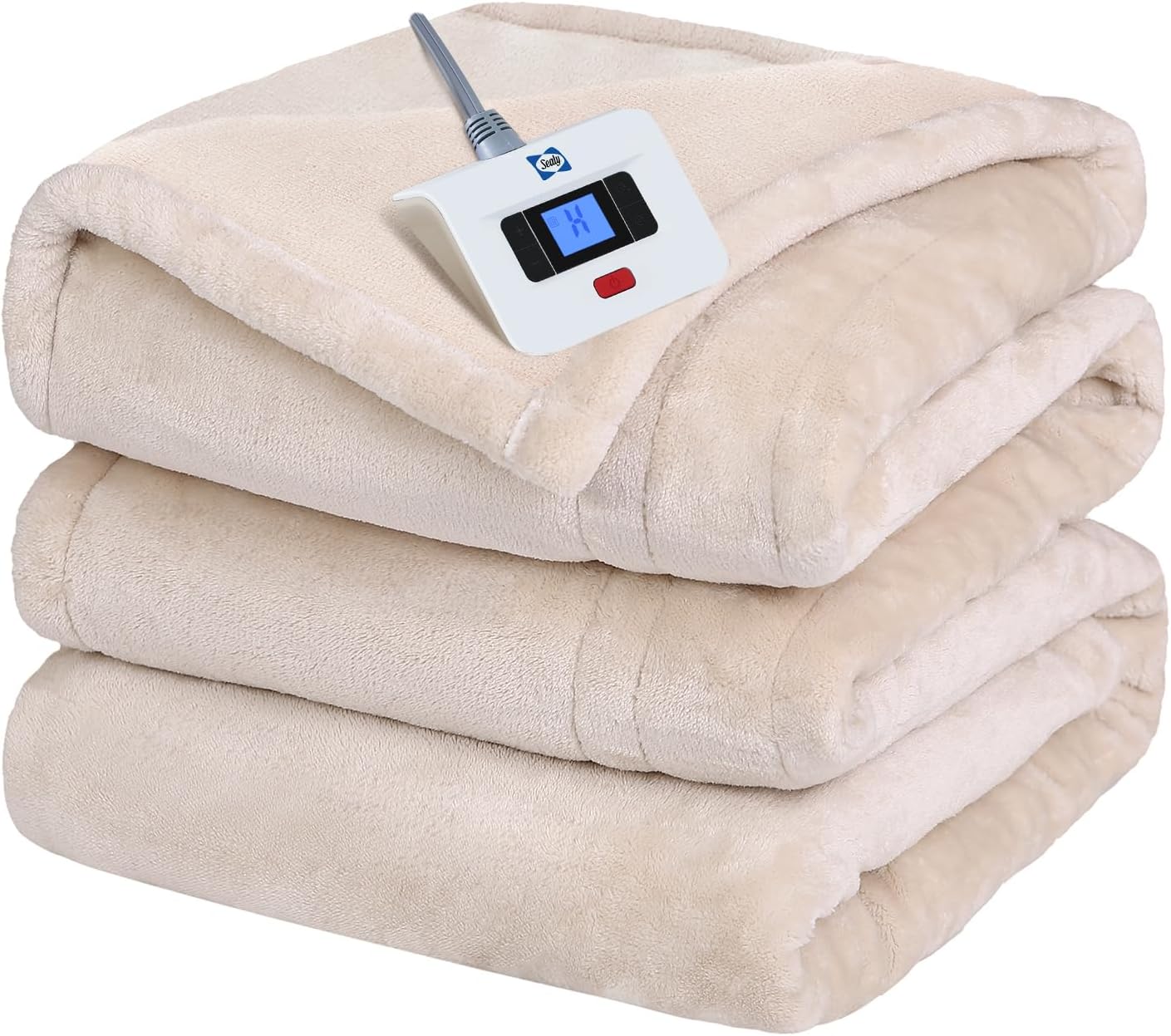 Sealy Electric Blanket Twin Size, Flannel Heated Blanket with 10 Heating Levels & 1-12 Hours Auto Shut Off, Fast Heating Warm Blanket, Machine Washable, Beige, 62 x 84 Inch