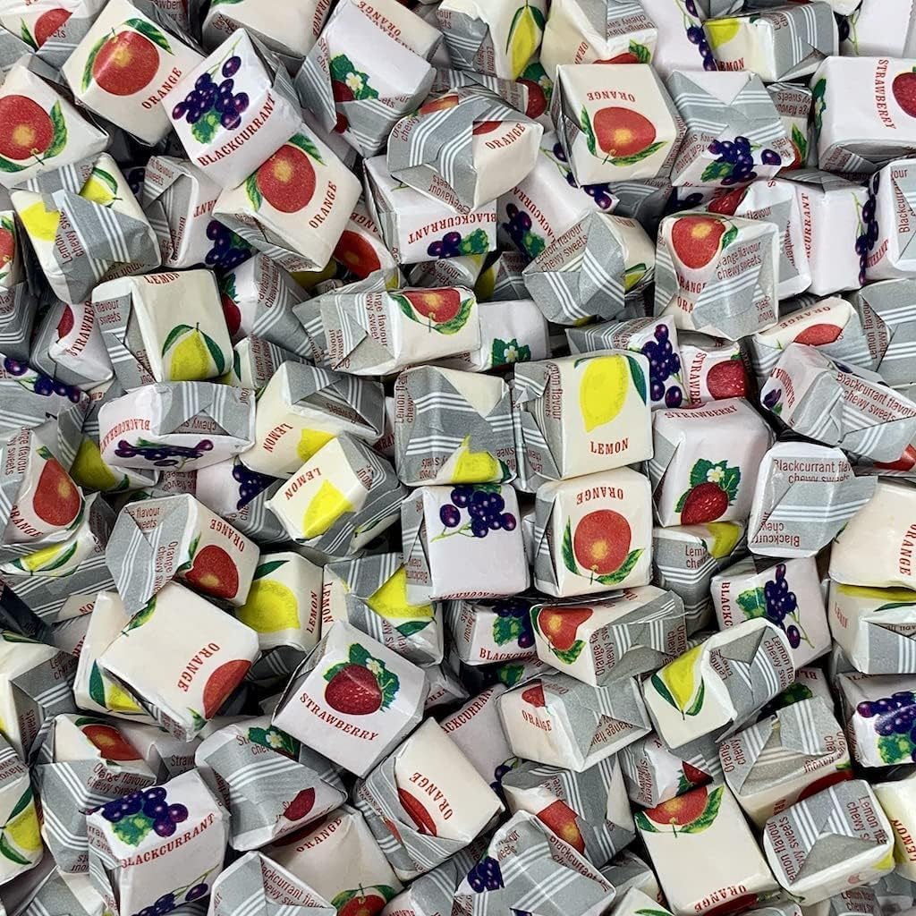 Fruit Caramels - 1kg Pouch - Assorted Chewy Sweets - Strawberry, Lemon, Orange and Blackcurrant Flavour Individually wrapped - Vegan - Vegetarian