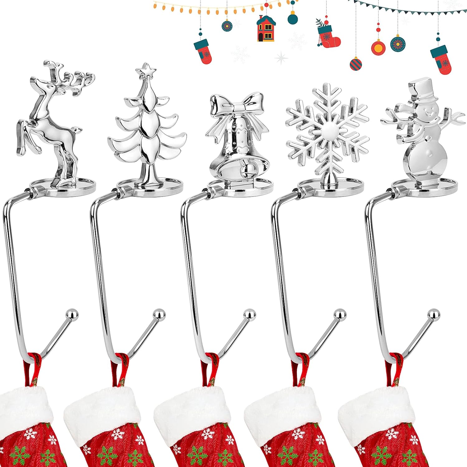 Yotako 5 Pcs Christmas Stocking Holders for Fireplace, Sliver Mantel Stocking Hangers for Fireplace Christmas Stocking Clips Stocking Hooks Fireplace in 5 Styles for Christmas Party Decoration
