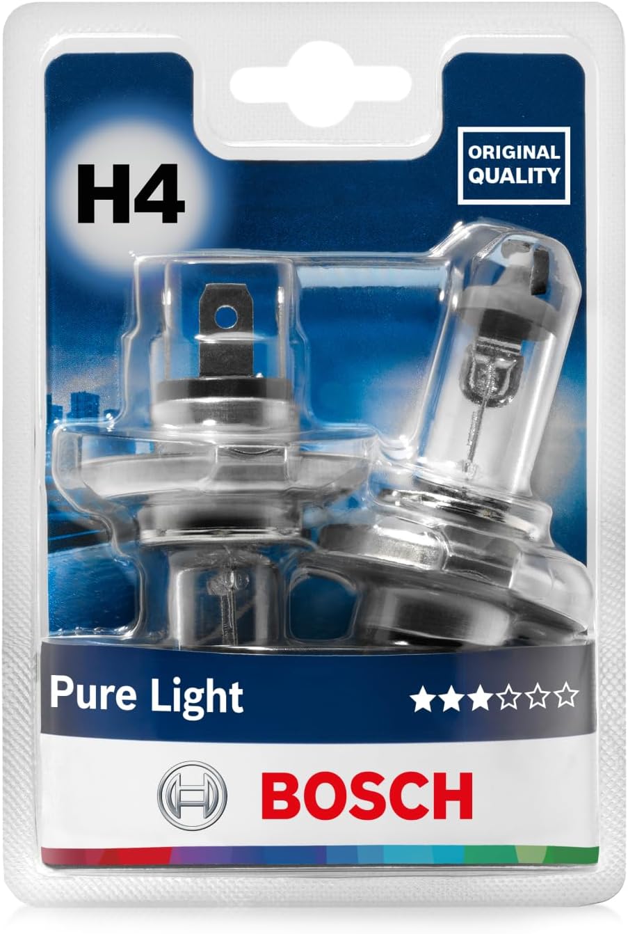 Bosch H4 (472) Pure Light Halogen Headlight Bulb, 12V 60/55 W, Original Quality - Socket Type P43t - Pack of 2 Replacement Car Light Bulbs