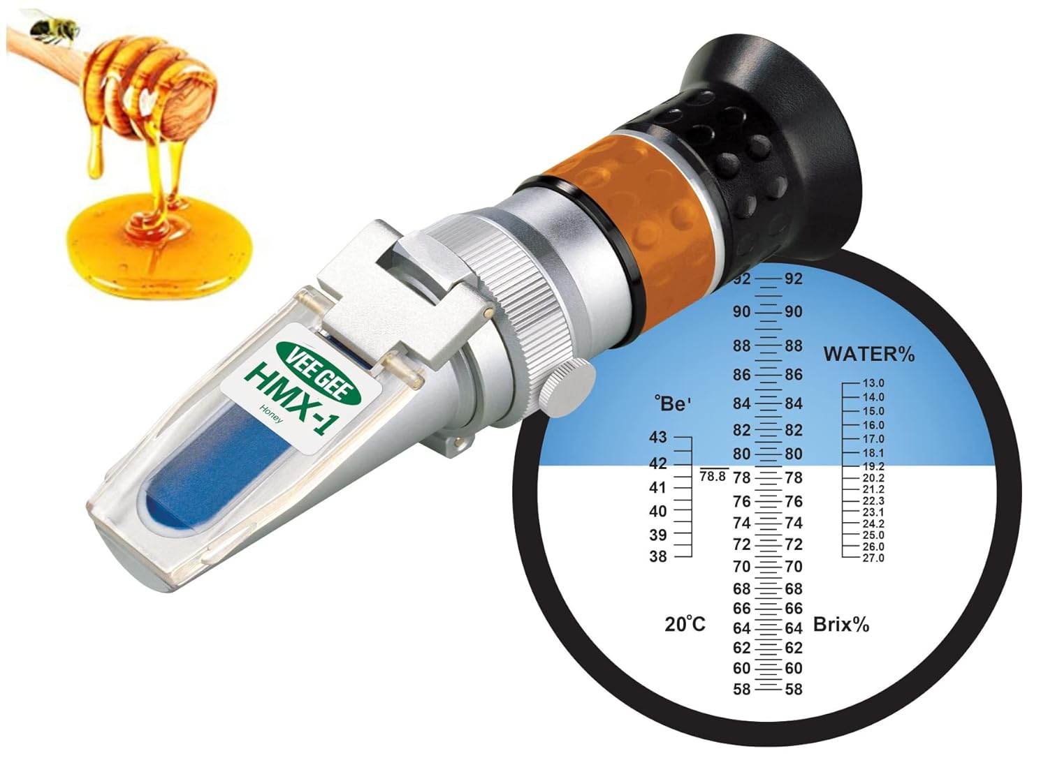 Vee Gee Scientific HMX-1 Premium Honey Refractometer with ATC, Industrial-Grade, Triple Scale (Honey Moisture: 13-27%, Brix: 58-92%, Baume: 38-43°), 5-Year Warranty Included