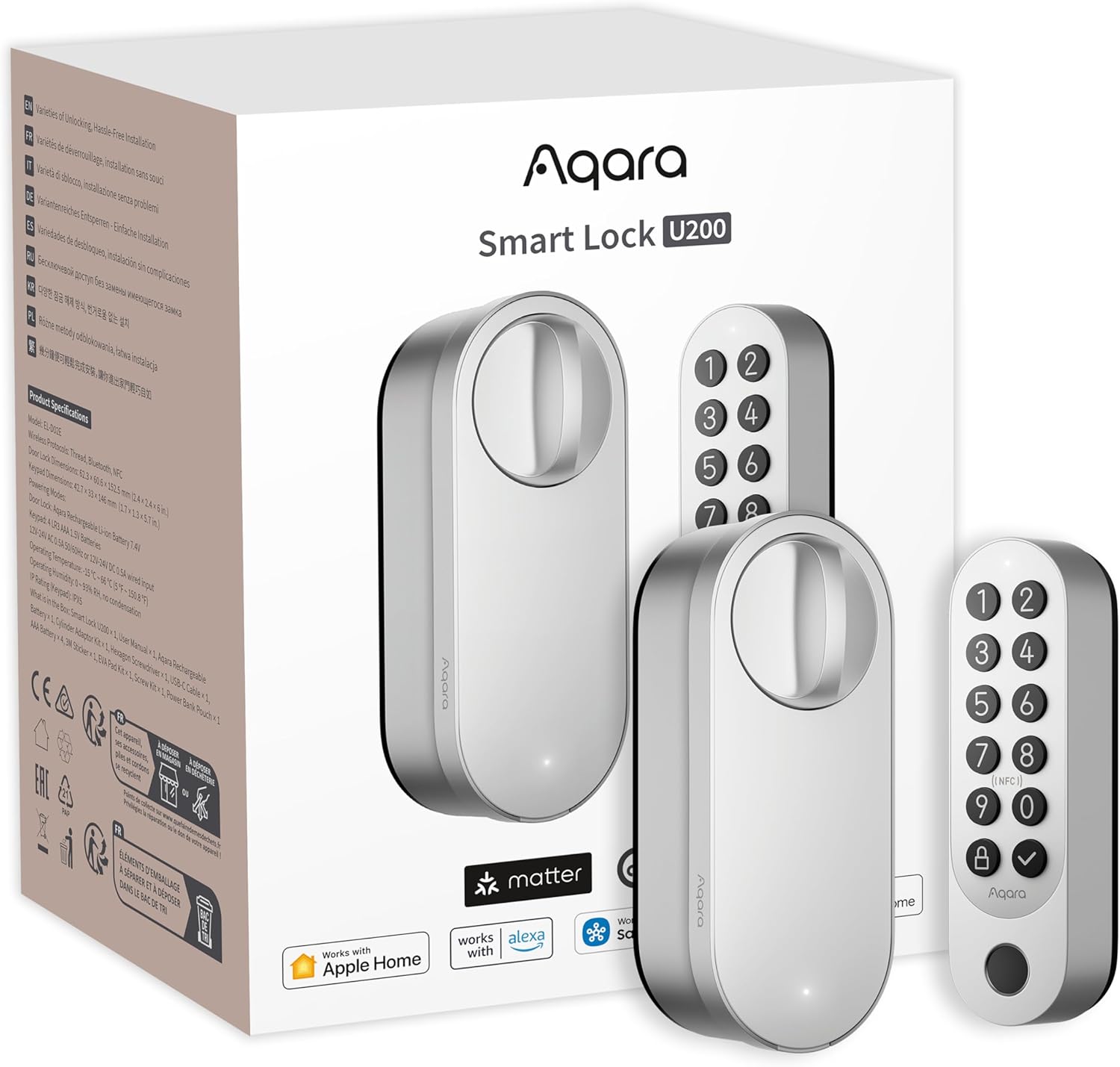 Aqara Smart Lock U200 (Fingerprint Keypad Included), Matter Over Thread, Smart Door Lock with Apple Home Key and Rechargeable Battery, Supports Apple, Google Home, Alexa and SmartThings, Silver