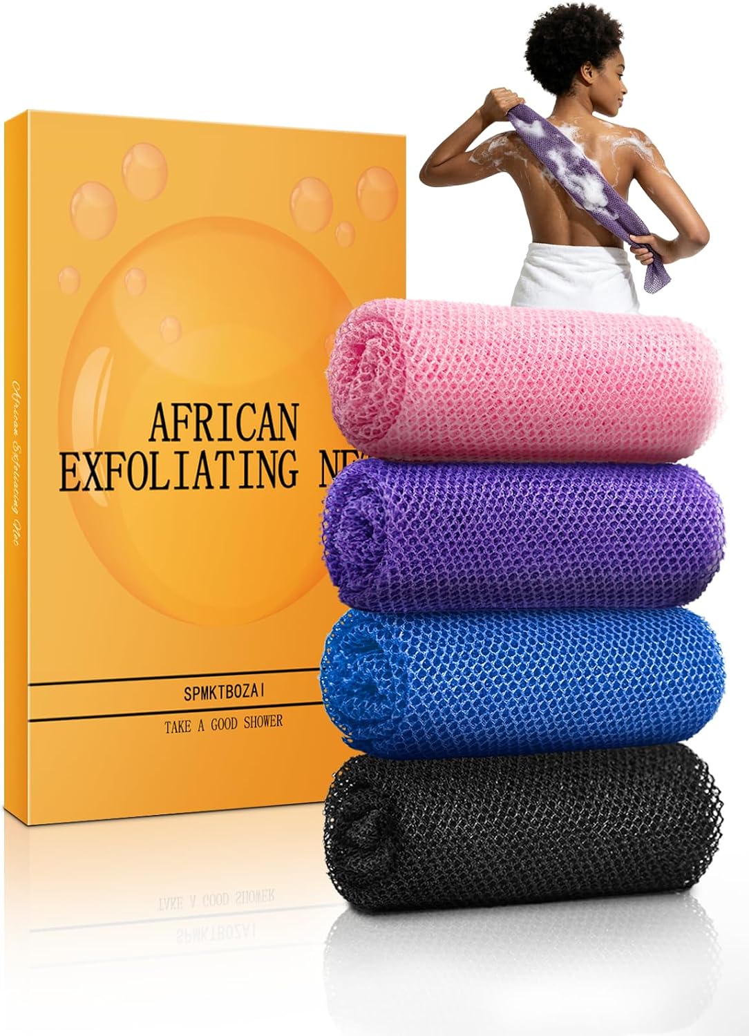 SPMKTBOZAI African Exfoliating Net, 4 Pieces African Net Sponge, Nylon African Bath Sponge Net, African Net Long Net Bath Sponge Shower Body Scrubber | Extra Long Stretchable African Wash Cloth Reaches Back| Gentle Body Scrubber| Daily shower for Exfoliating| Quick Dry