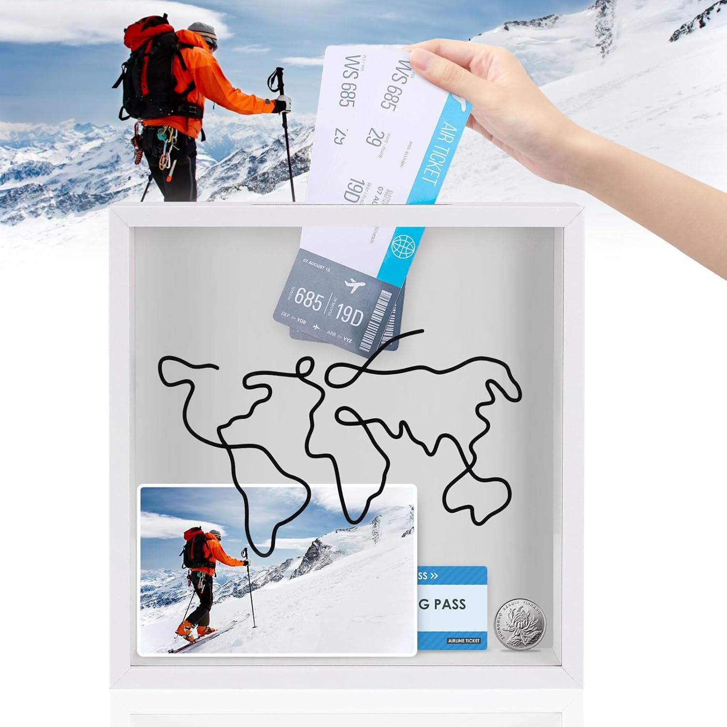 BieMian Adventure Archive Box Frame White, 12 In Large Size Travel Memory Box with Slots, Wood Travel Shadow Boxes Ticket Boxes, Memories Box Frames Keepsake Box for Movie Tickets Picture