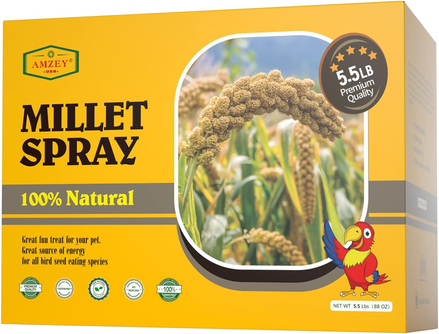Amzey 5.5 LB Spray Millet for Parakeets, 100% Natural Dried Millet Grain for Birds, Non-GMO Millet Spray Bird Treat, Birds Millet, Cockatiel, Finches, Parrots & Lovebirds