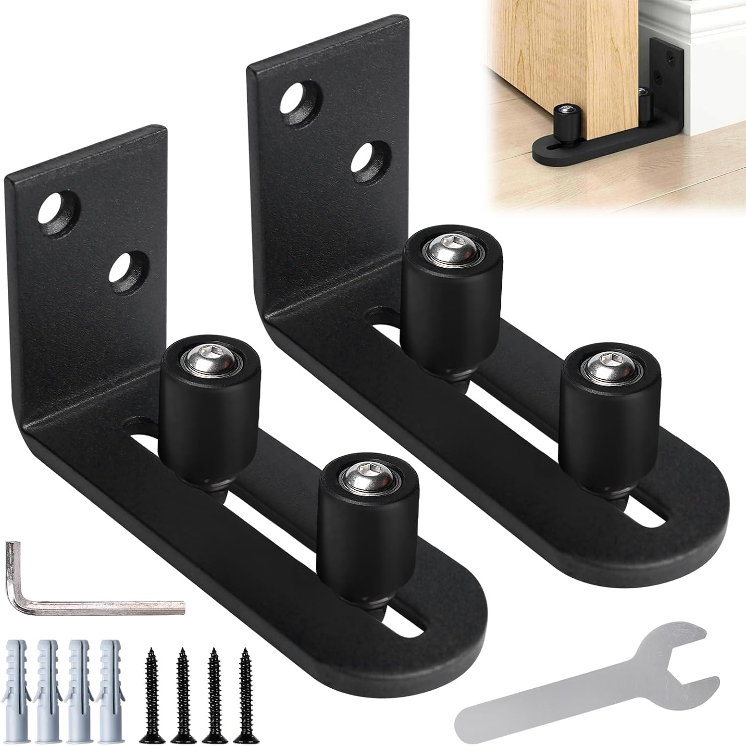 PRITOK Adjustable Floor Guide: 2 Pack Sliding Barn Door Floor Guide, Adjustable Wall Mount Stay Roller Guide, Carbon Steel Wall Mount Barn Door Roller for Different Sizes of Sliding Barn Door (Black)