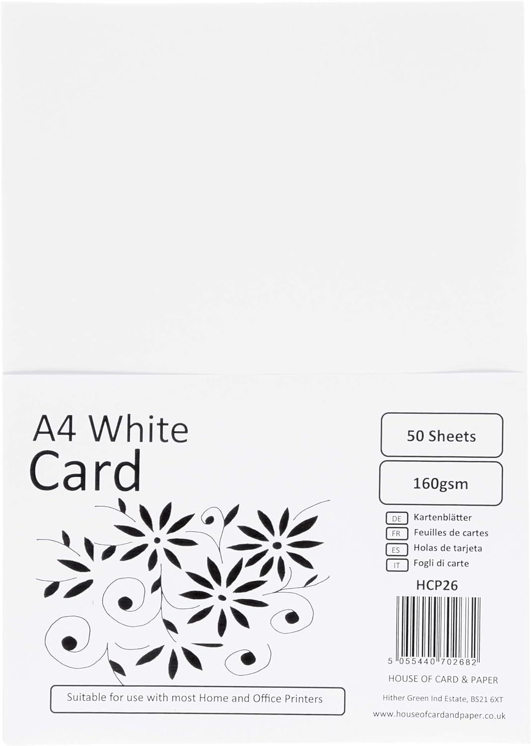 House of Card & Paper A4 160 gsm Card - White (Pack of 50 Sheets)