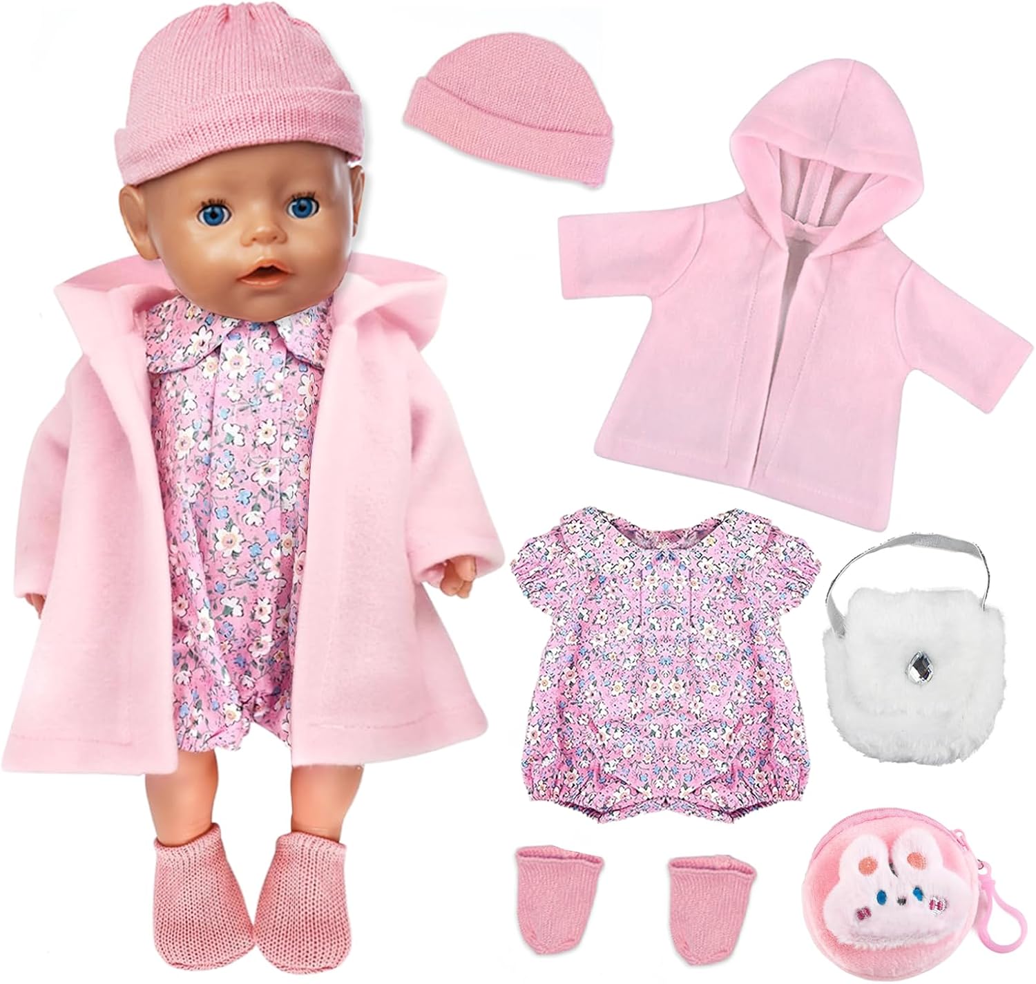 Doll Clothes Hats Accessories for 14-16 Inch Baby Dolls, 30-45cm New Baby Doll Outfits Jumpsuit Coat Plush Bag Socks, Baby Doll Clothes Outfit Accessories for Girls/Boys Birthday Gifts (No Doll)