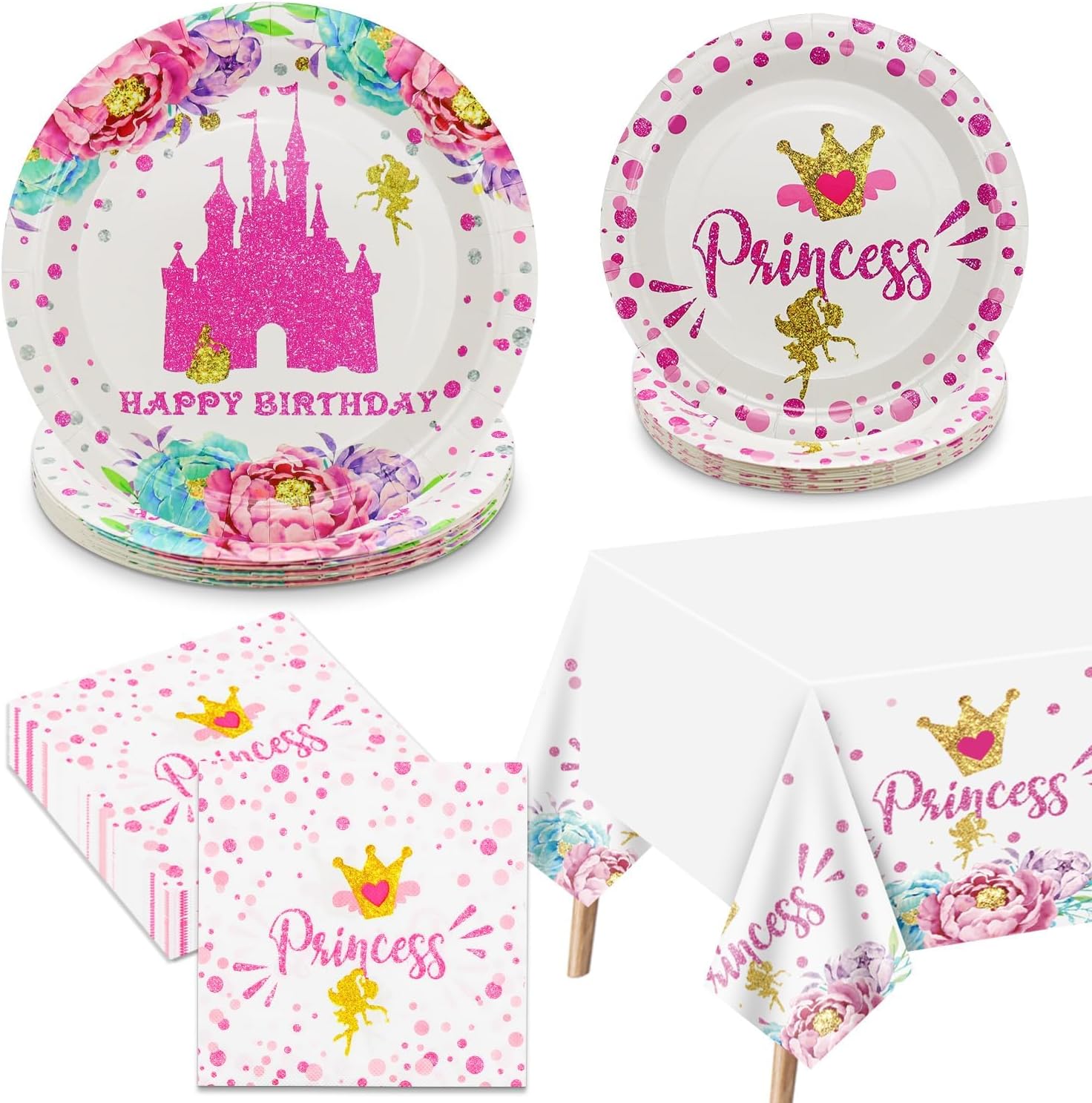 Princess Party Decorations - Castle Decorations Including Pink Paper Plates, Napkins and Tablecloth for Baby Shower Princess Birthday Party Supplies, Serve 20