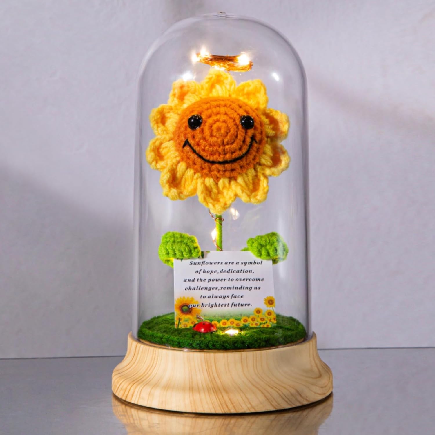 Levvohd Crochet Sunflower Gifts for Women, in Plastic Dome Sun Flower for Her Mom Grandma Birthday Mothers Day Christmas Day Gift (Card- Sunflower 4.3 in X 7.5 in)
