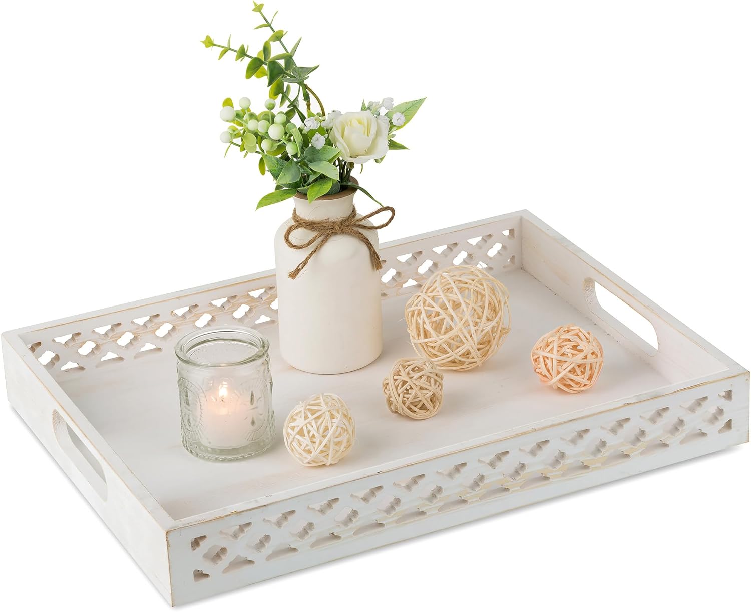 Hanobe Wooden Serving Decorative Tray: White Coffee Table Centerpiece Wood Trays with Handles for Ottoman Rectangle Large Farmhouse Home Decor, Hand Carved