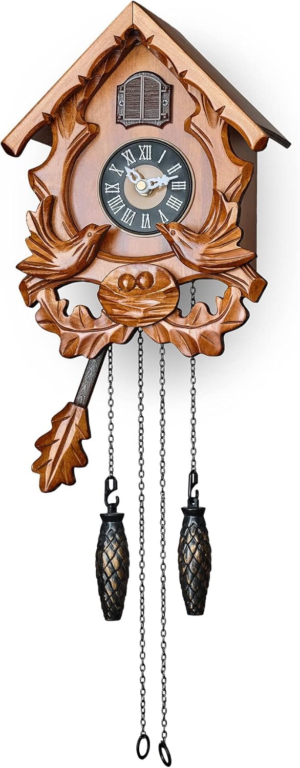 TIMEGEAR Cuckoo Clock with Night Mode, Singing Bird and Carved Wood Decorations (Cherry)