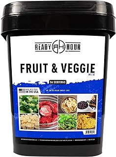 Ready Hour, Fruit & Veggie Mix, Non-Perishable Freeze-Dried Food, 30-Year Shelf Life, Portable Emergency and Adventure Food Supply, Durable Flood Safe Container, 56 Servings