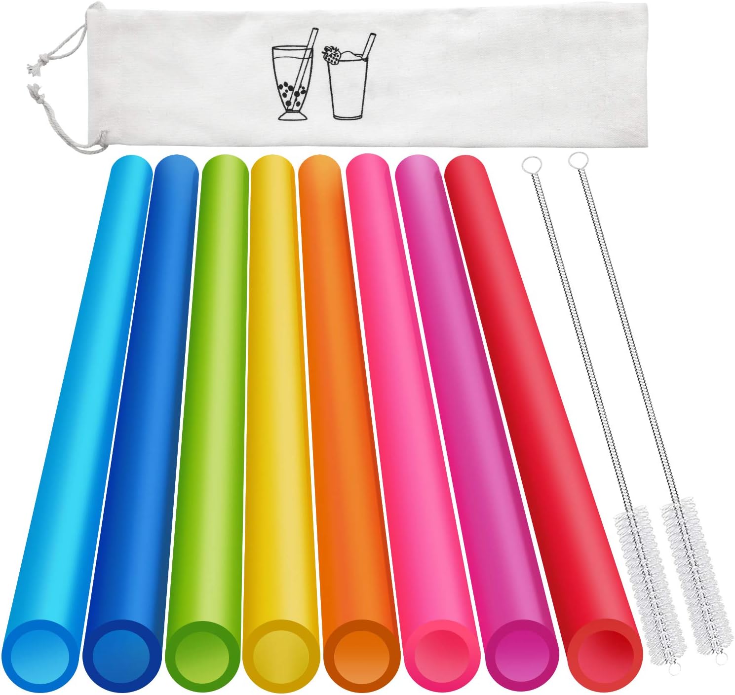 8 Pcs Extra Wide Reusable Smoothie Straws & Boba Straws with 1 Bag & 2 Brushes - Multicolor Big Jumbo Straws, BPA Free Large Plastic Straws for Smoothies, Bubble Tea(Tapioca, Boba Pearls), Milkshakes