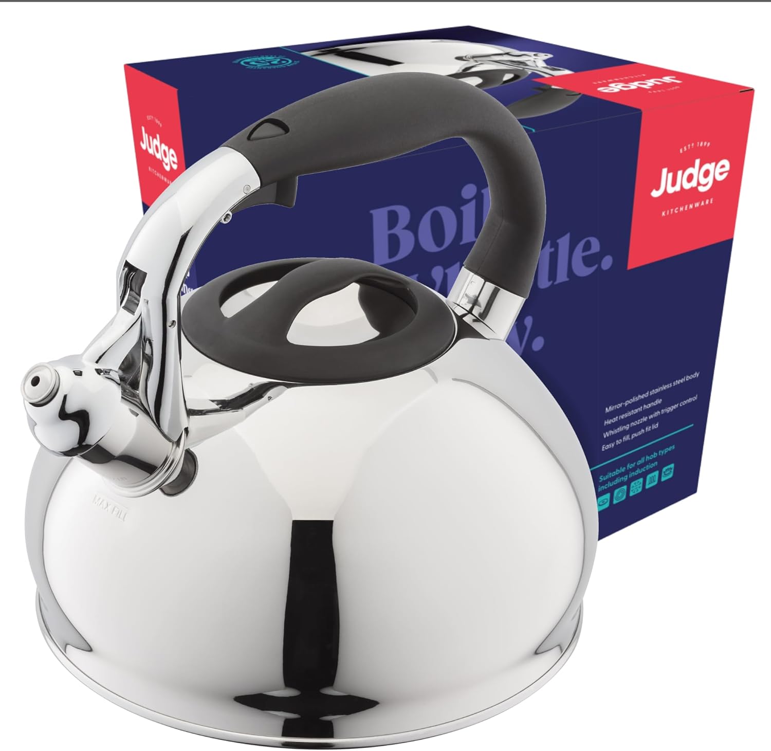 Judge 3L Stovetop Kettle - Stove Top Kettle for Gas Stoves & Electric Hobs - 18/10 Stainless Steel Whistling Kettle with Heat Resistant Handle - Non-Drip Spout - All Hob Types Including Induction
