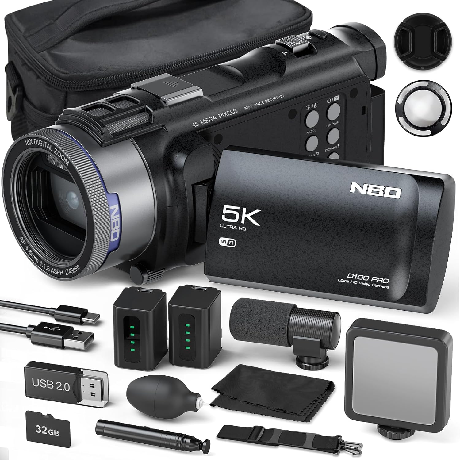 5K 48MP Camcorder Video Camera - 16X Zoom, WiFi, 3" 270° IPS Screen, Autofocus & Anti-Shake, with 32GB Card & Mic, 2 Batteries, Vlogging Camera Recorder for YouTube Photography MC-US-D110-BB-N5-A-2512