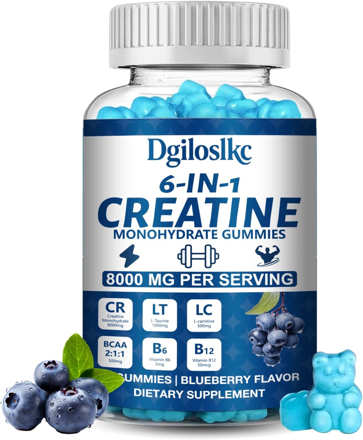 Dgiloslkc 1 Pack 8000MG Creatine Monohydrate Gummies with 500mg BCAAs for Men & Women, L-Taurine, Vitamin B6 12, Workout Gym Support for Performance and Muscle Power, Powder Tablets Blueberry, 90ct