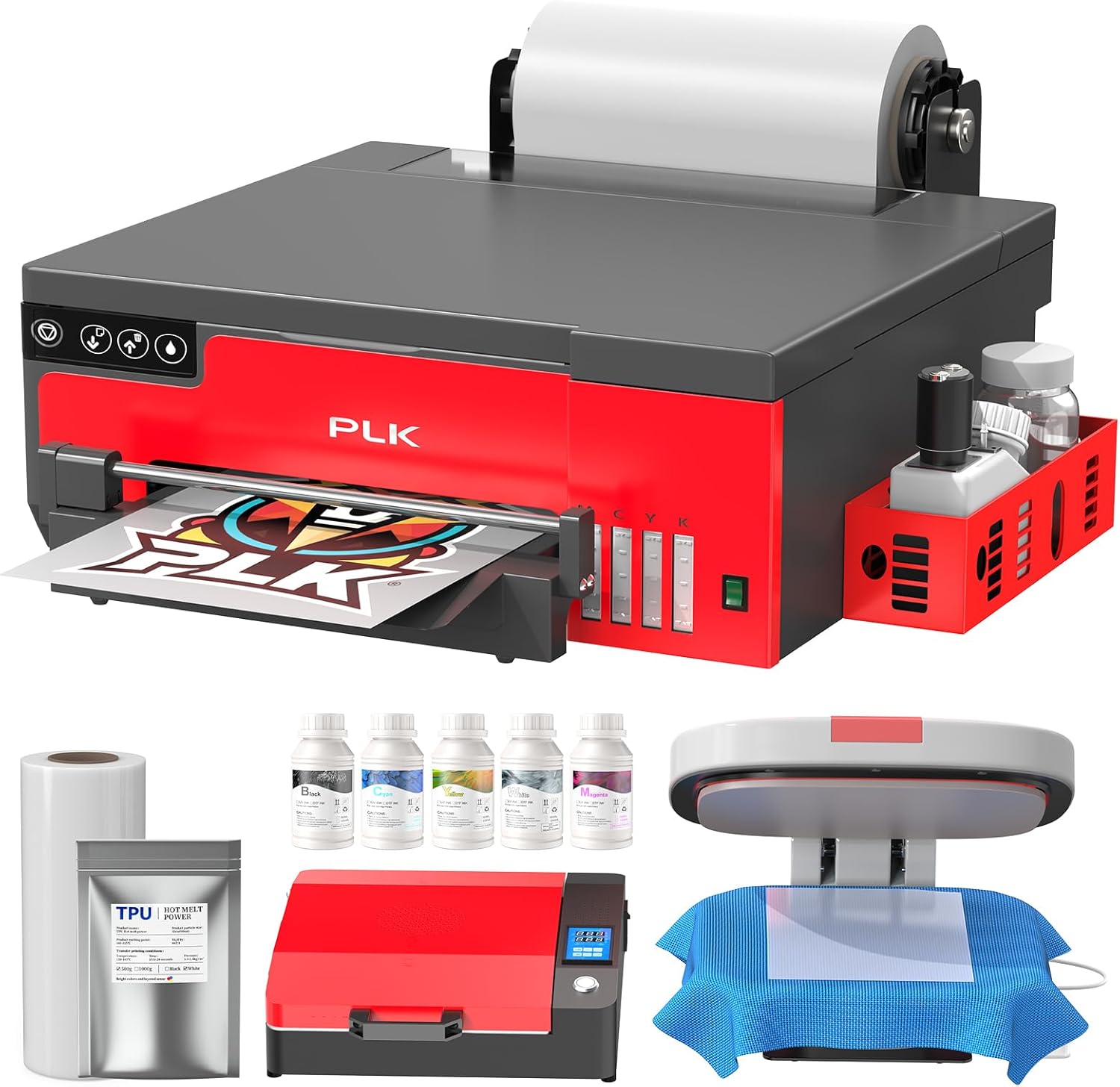 PLK A4 DTF Printer with XP600 Printhead,Sheet and Roll Feeder, L8058 DTF Printer Machine with White Stirring System 100% Transfer for DIY Printing,2-Year Ink Included (L8058+Oven+Heat Press)
