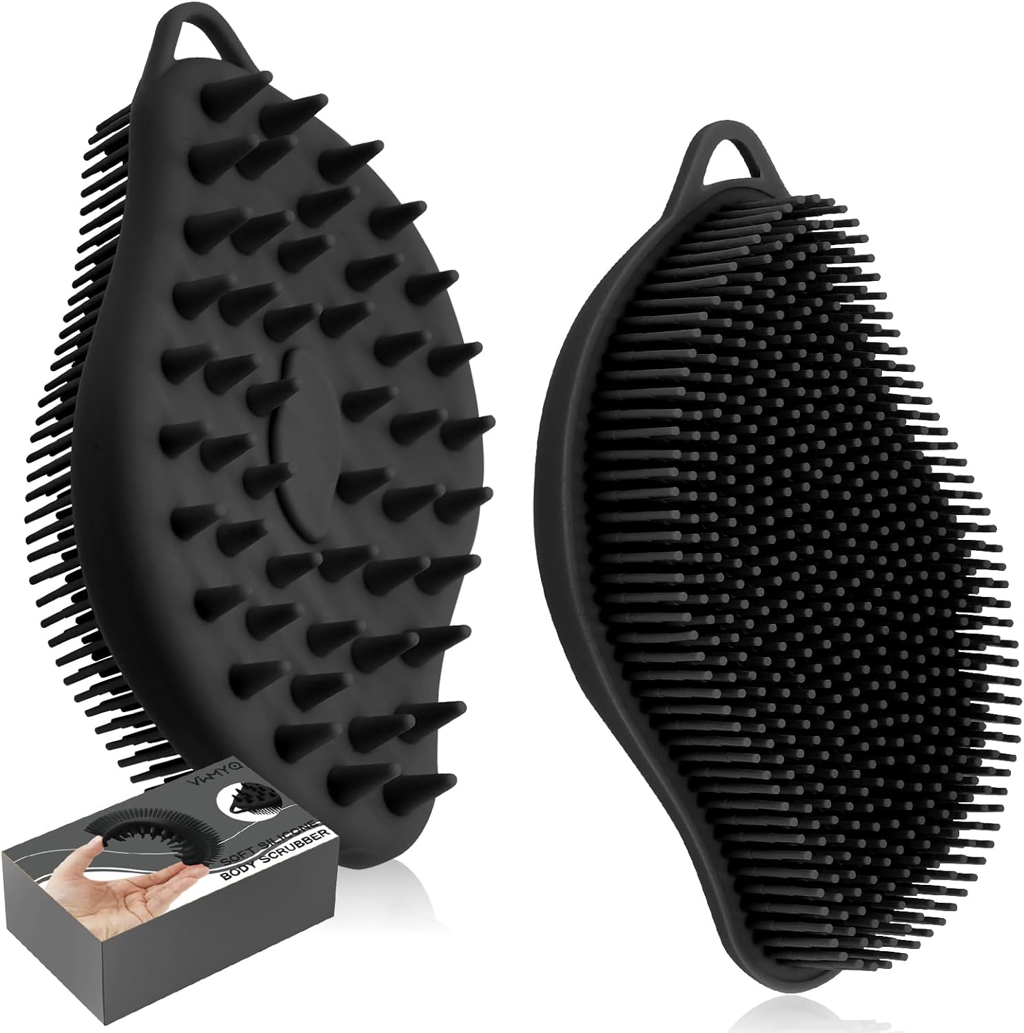 VWMYQ Silicone Body Scrubber Pro 2-in-1 Shower Scrubber for Body Care, Lathers Well, Silicone Loofah and Body Scrubber Exfoliator for Men and Women (Black, Body + Scalp)