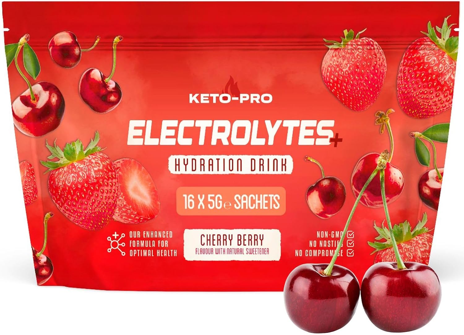Keto-Pro Keto Electrolytes 80g | Electrolyte Powder Sachets for Extra Convenience | Supporting Your Keto Fasting, Health & Fitness Goals | Cherry Berry Flavour | 16 Pack