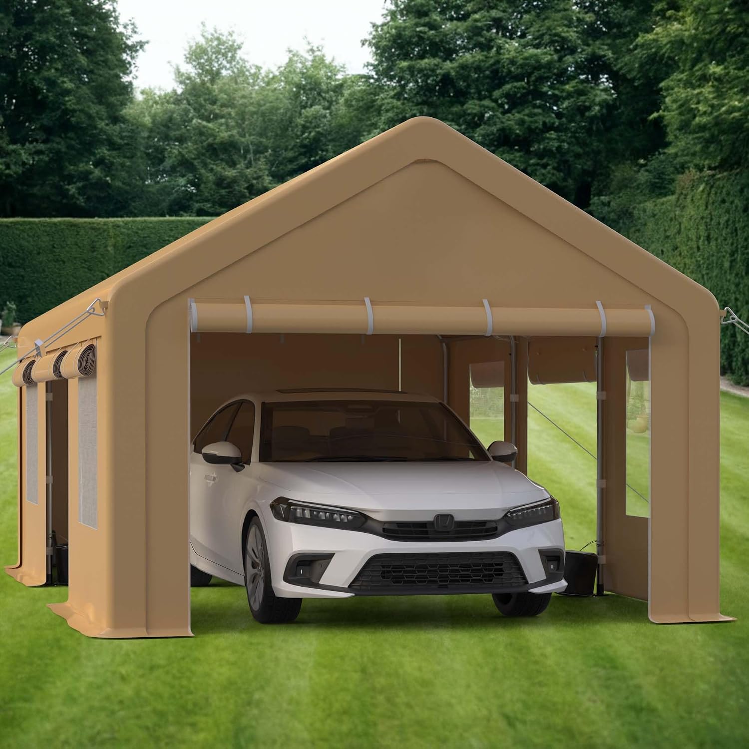 GarveeLife Heavy Duty Carport, Portable Garage with 4 Doors & 4 Window, Upgraded Carport with Reinforced Steel Poles, Uv Resistant All-Season Waterproof Tarp, for Car, Truck, Boat
