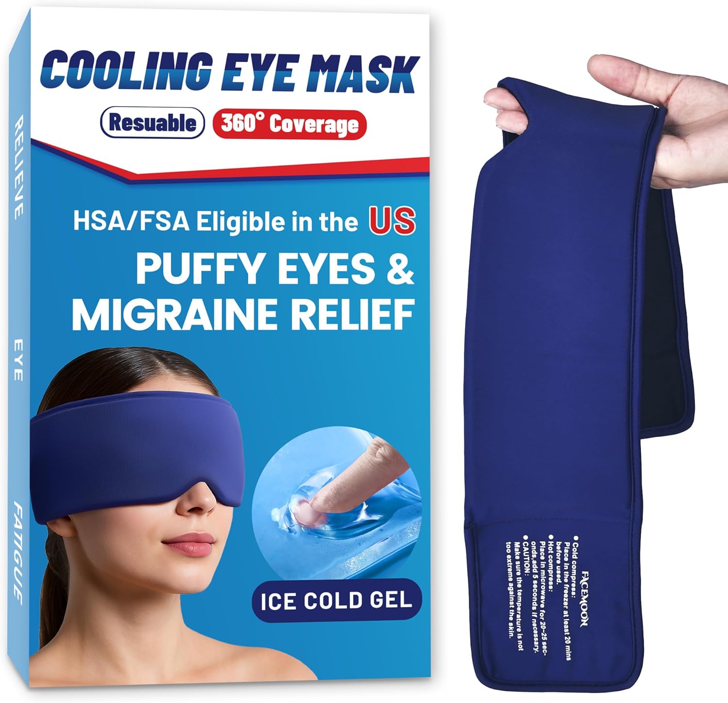 Migraines Relief Cooling Eye Mask: FSA/HSA Eligible - Cold Compress Ice Pack for Puffy Eyes Headache Stye Sinus Therapy - Large Soft Thick Gel Long Lasting Comfort Reusable Flex Blue