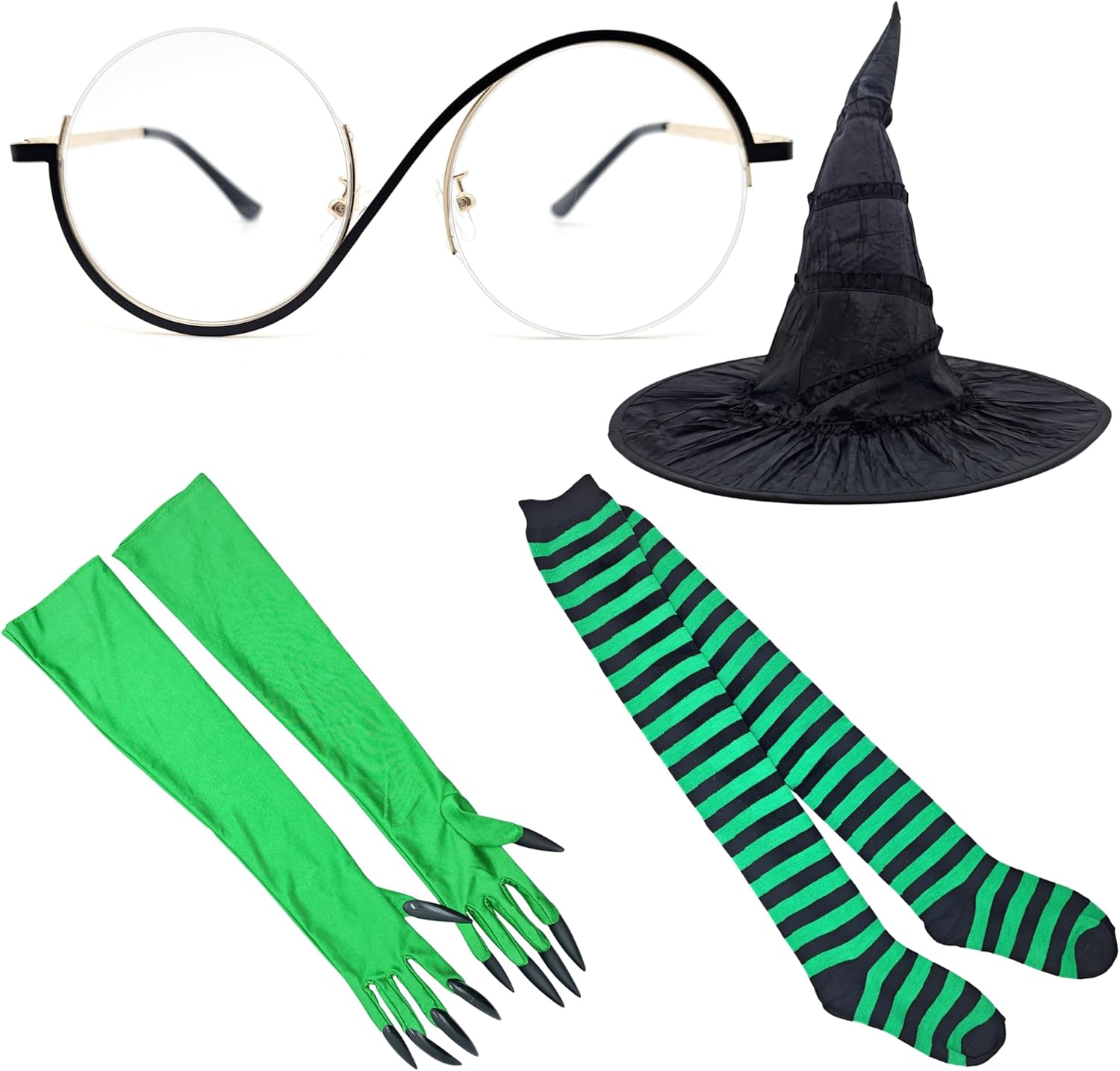 ASVP Shop Halloween Green Witch Costume Cosplay Set – Witch Hat, Green Claw Gloves, Socks & Glasses