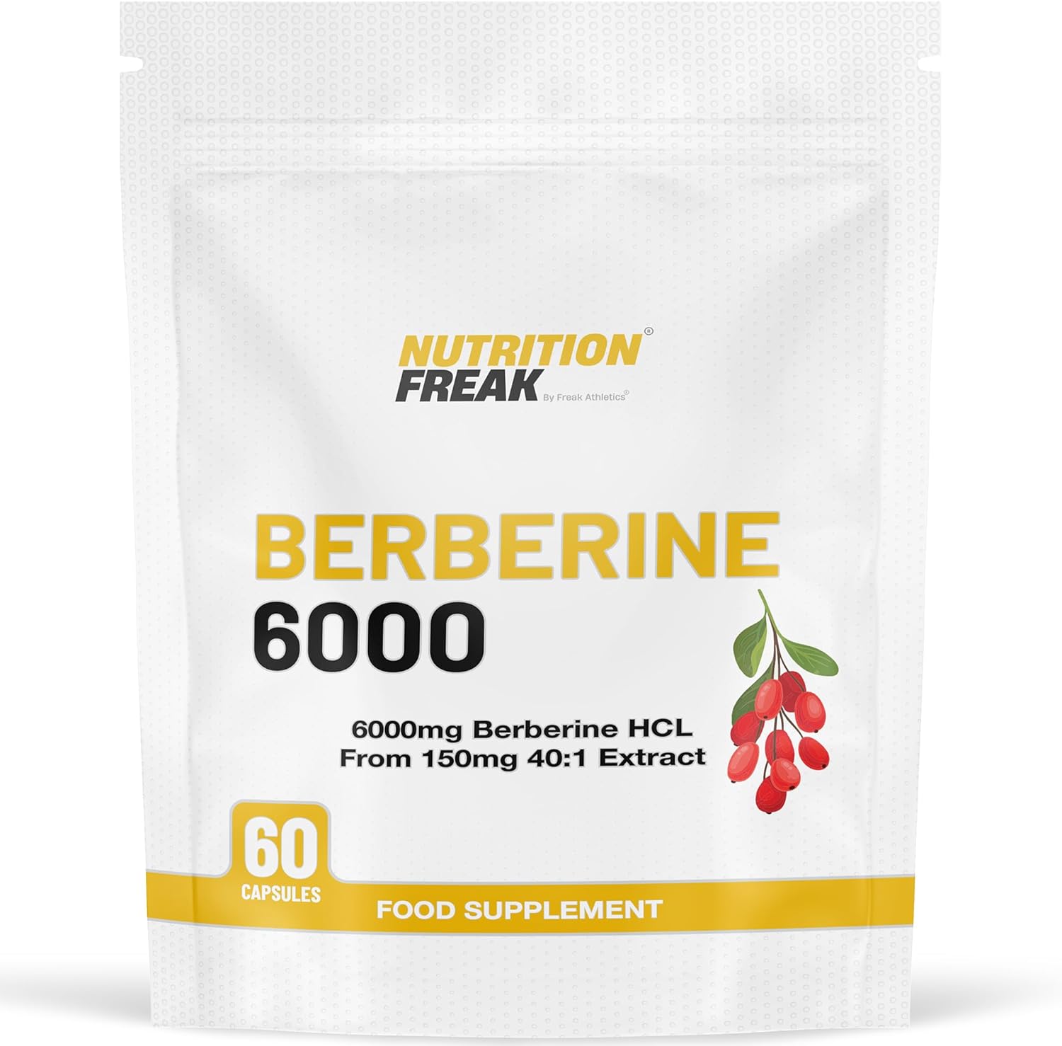Nutrition Freak Berberine HCL 6000 mg - 60 Vegan Capsules, 40:1 150 mg Berberine Hydrochloride for Glucose Metabolism, Gut & Heart Health Support, High Strength, UK-Made Premium Supplement
