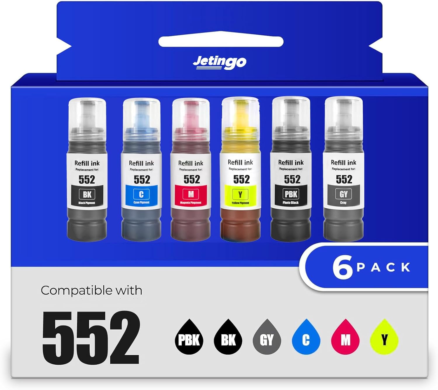 High Page Yield 552 Ink Refill Bottles Replacement for 552 T552 Ink Refill Bottle Use for ET-8550, ET-8500（BK PBK C M Y GY）