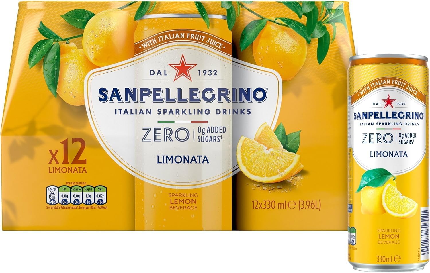 San Pellegrino Italian Sparkling Zero Sugar Soft Drink, 330ml (12 Cans x 330ml, Limonata Lemon)