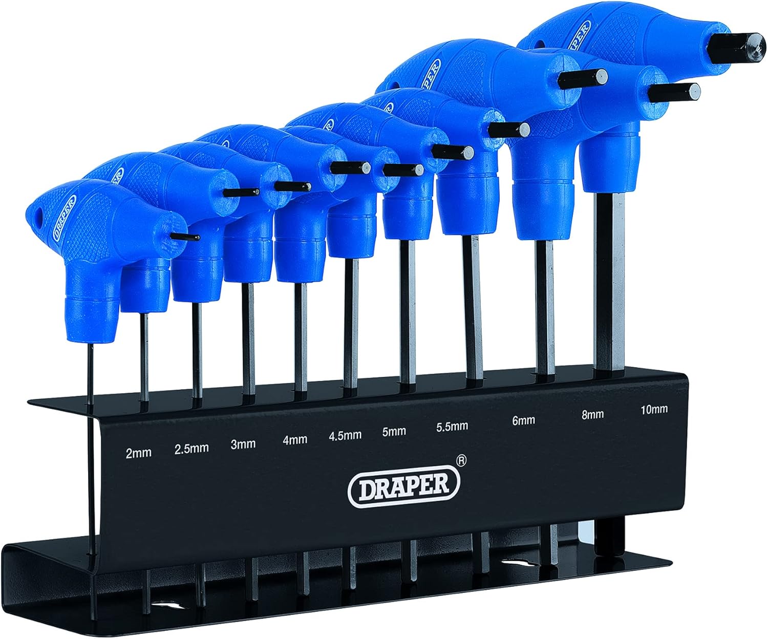 Draper 10 Piece T-Handle Hexagon Allen Key Set | Metric Long Pattern Hand Tools | Hex Key Wrench Kit | Long Arm Chrome Vanadium Steel Kit | Steel Wall Mounting Stand| 33869