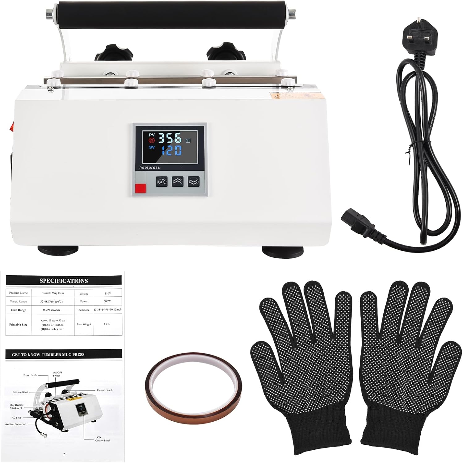 Tumbler Heat Press Machine for 11-30oz 2.9-3.4inch Tumblers Cups Glasses and Mugs Coffee Mugs Cup Press Glass Water Bottle DIY Heat Transfer Machine with Sublimation Paper Heat (UK Plug)