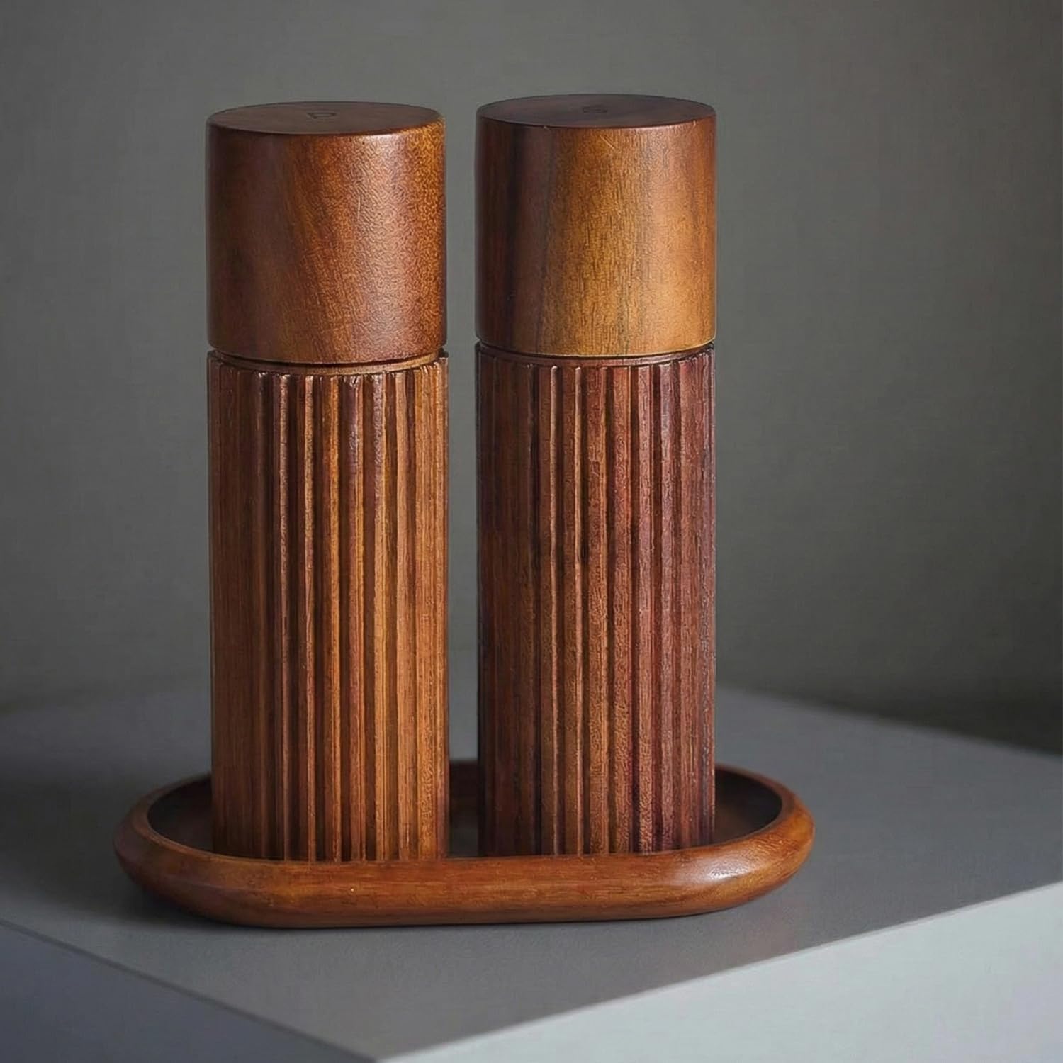 Acacia Wood Salt and Pepper Grinder Set with Matching Tray - 6.5 Inch Refillable Manual Wooden Pepper Mills with Adjustable Ceramic Coarseness, Non-Slip Ribbed Design & Engraved S&P Lids