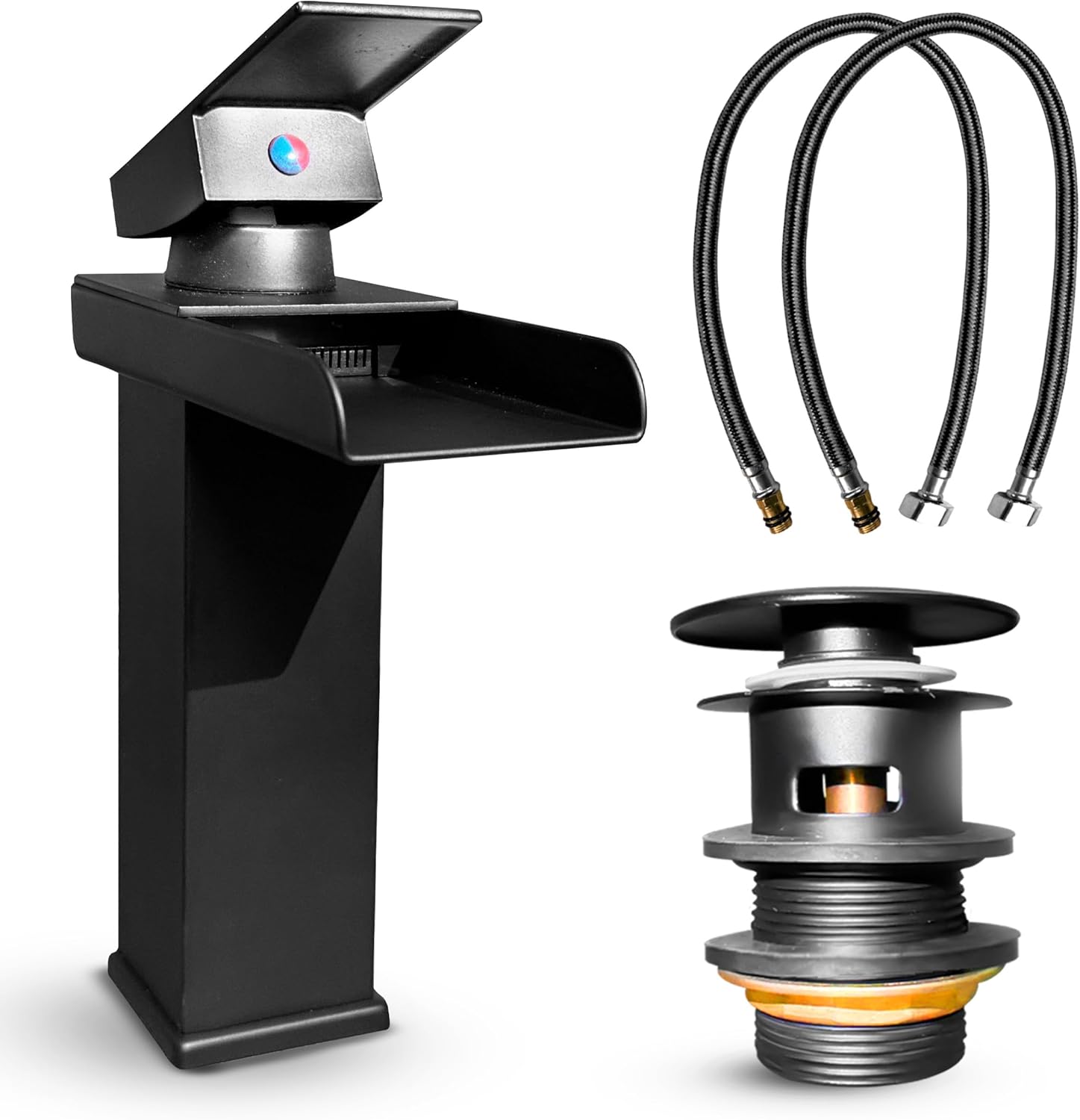 MSC Black Waterfall Tap for Bathroom Sink - Mixer Tap With Mono Square Single Lever, Modern Durable Solid Brass Construction and Smooth Water Flow, Black WF