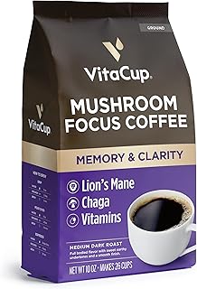 VitaCup Focus Mushroom Coffee Grounds, with Lions Mane, Chaga, B Vitamins, D3, Boost Focus, Immunity, Memory & Clarity, Medium Dark Roast, Bold & Smooth 100% Arabica Specialty, 10 Oz
