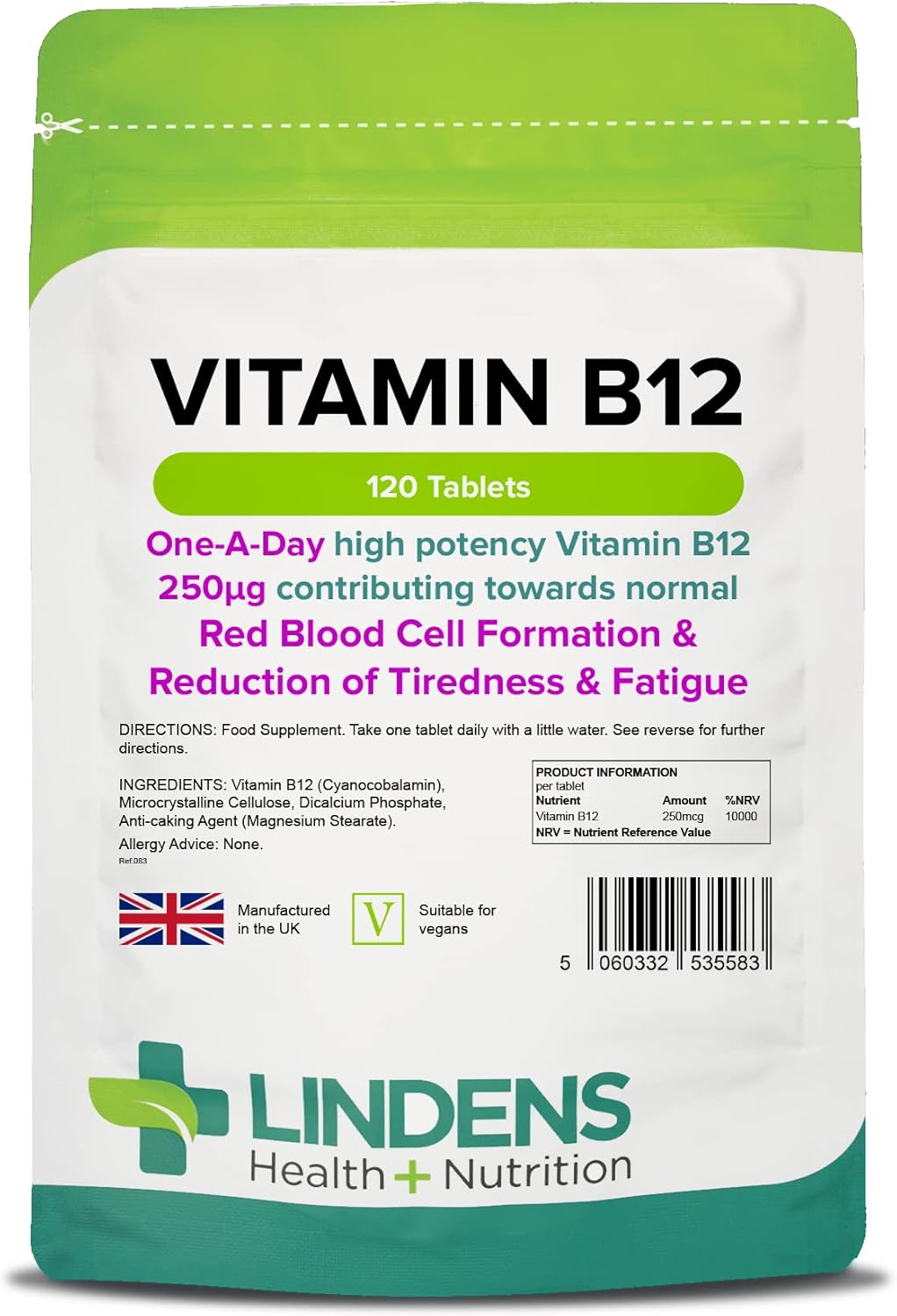 Lindens - Vitamin B12 250mcg, 120 Tablets - 1 a Day, UK Made - Red Blood Cell Formation, Metabolism, Reduction of Tiredness and Fatigue - 10,000% NRV Dose - Letterbox Friendly, Vegan