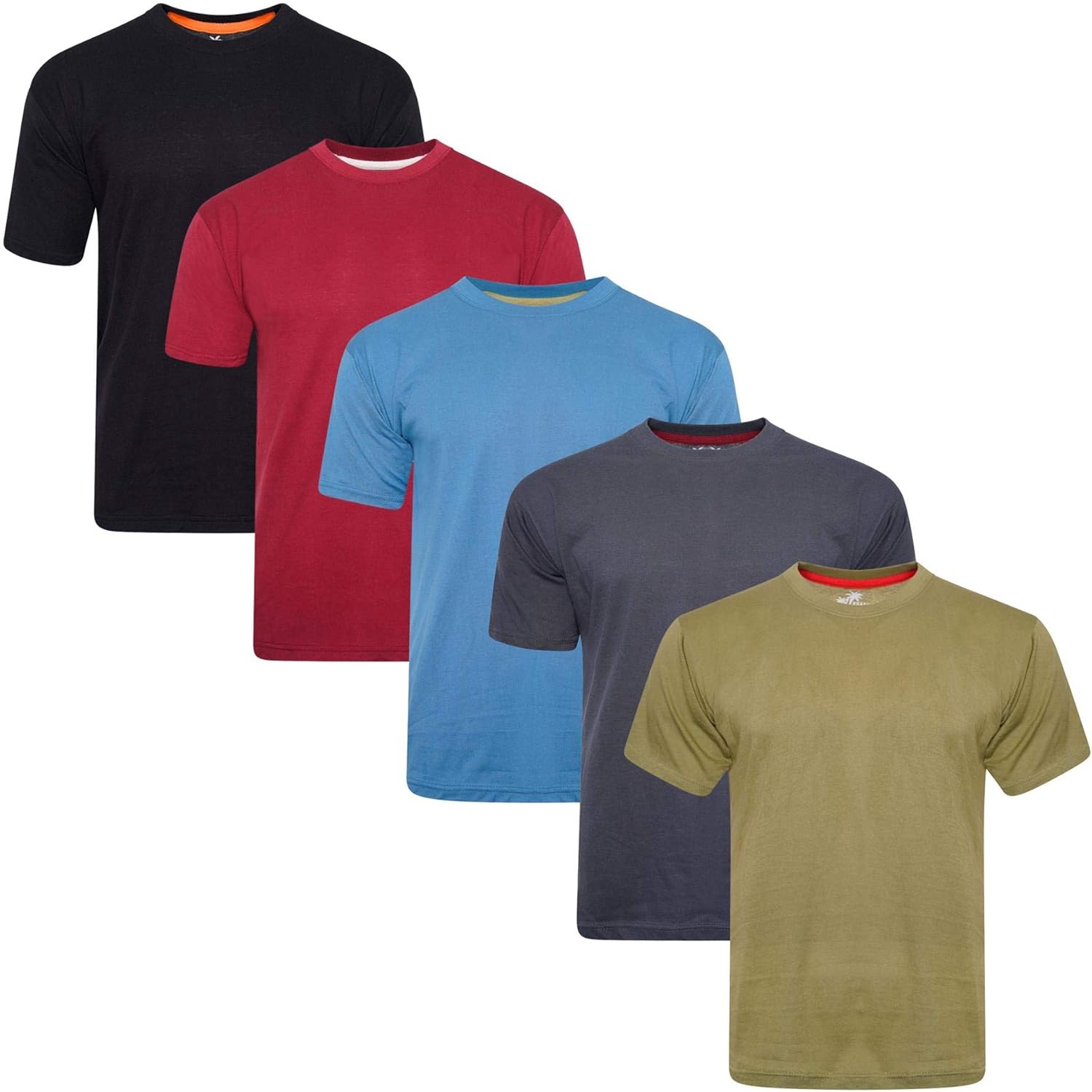 Keanu Mens 5 Pack Plain Crew T Shirts - 100% Cotton - White, Black, Light and Dark Assorted Colours - Everyday/Summer Colours - S to 2XL